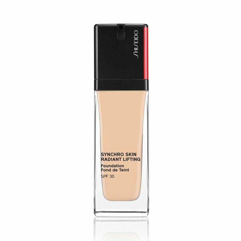 Shiseido Synchro Skin Radiant Lifting Foundation 220 Linen. Rechteckige Glasflasche mit schwarzem Deckel. Produkttext und SPF 30.