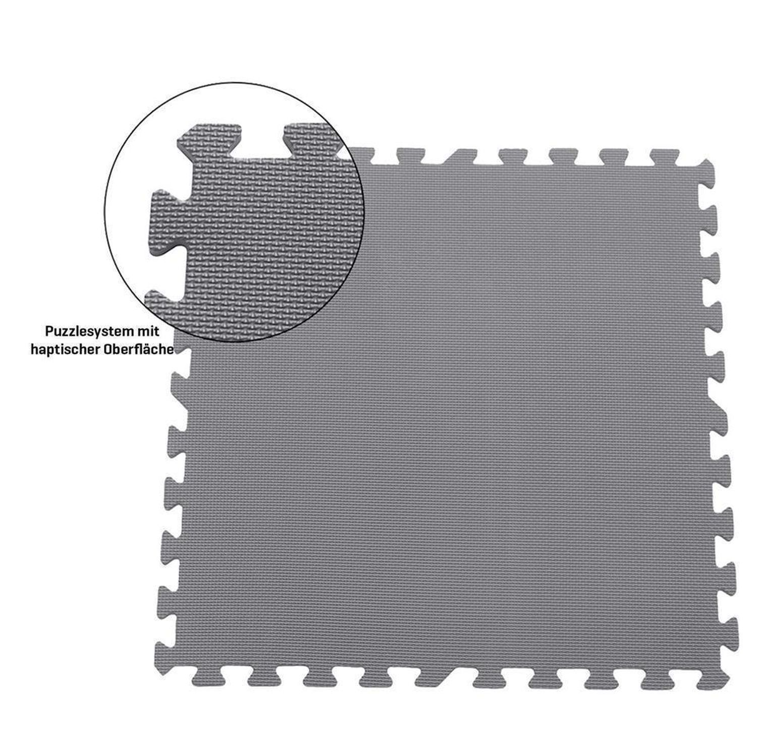Graue Puzzlematte mit vergrößerter Detailansicht der Oberfläche und des Puzzlesystems.
