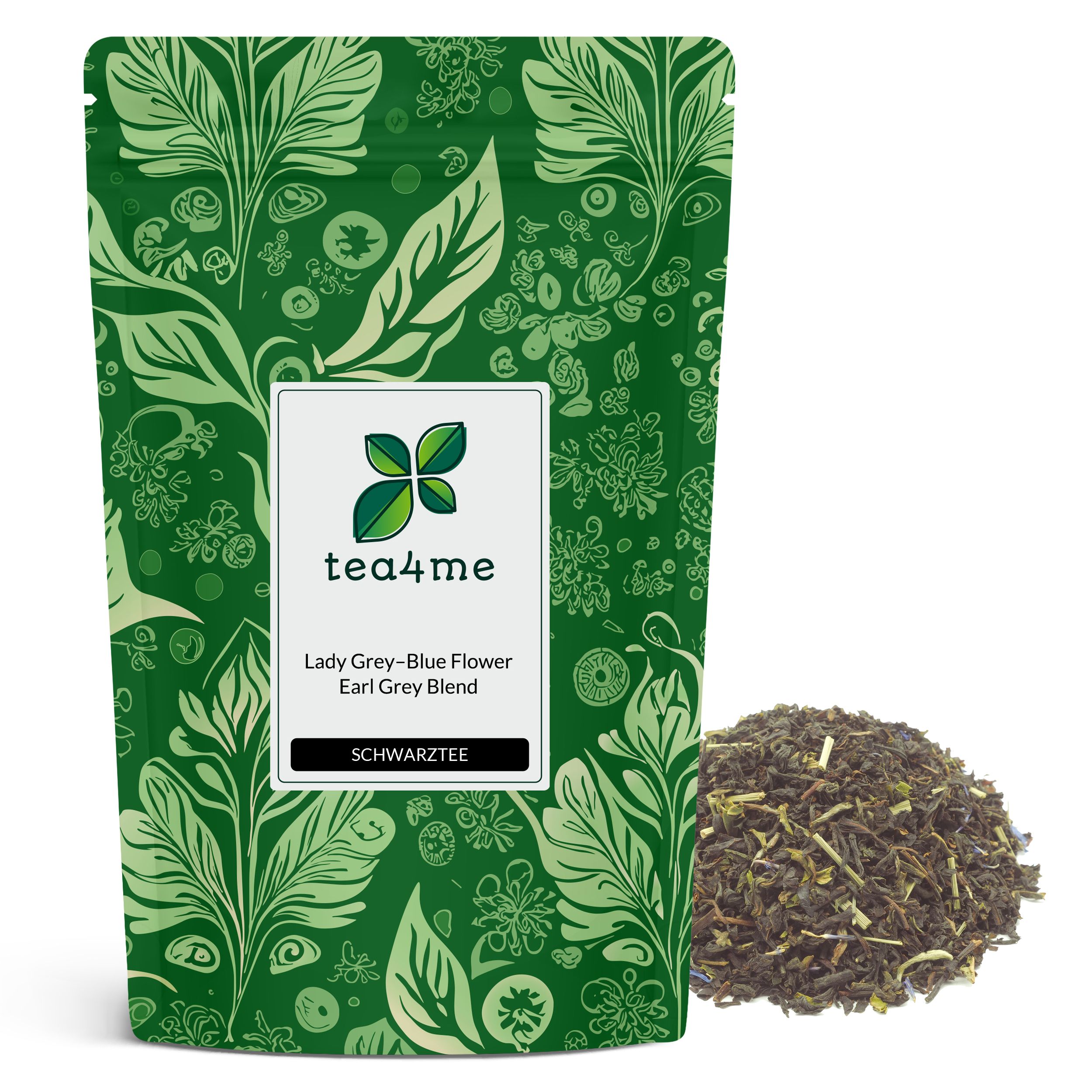 Grüner Beutel mit floralem Muster und Produktetikett. Lose Teeblätter daneben. Aufschrift: tea4me, Lady Grey-Blue Flower, Schwarztee.