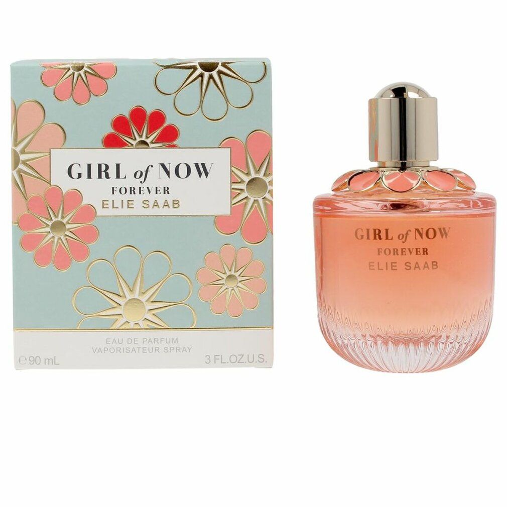 Parfümflakon und Schachtel. Flakon mit rosa Flüssigkeit, goldfarbenem Verschluss. Schachtel mit floralem Muster. Schriftzug: GIRL OF NOW FOREVER ELIE SAAB.