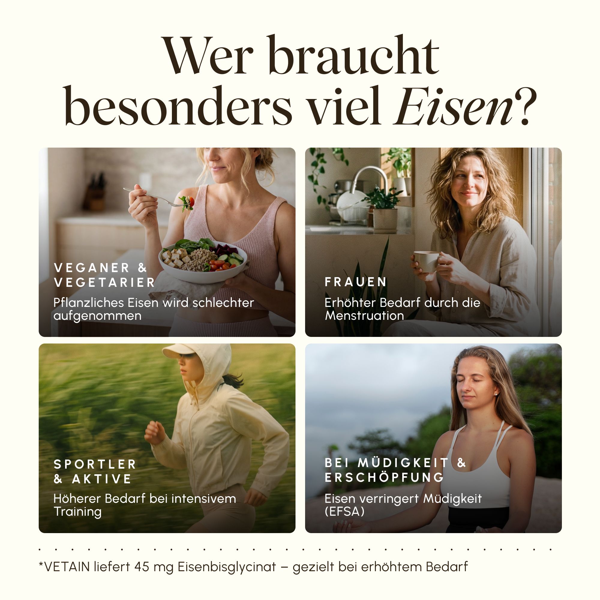 Vier Szenarien, wer Eisen braucht: Veganer, Frauen, Sportler, bei Müdigkeit.