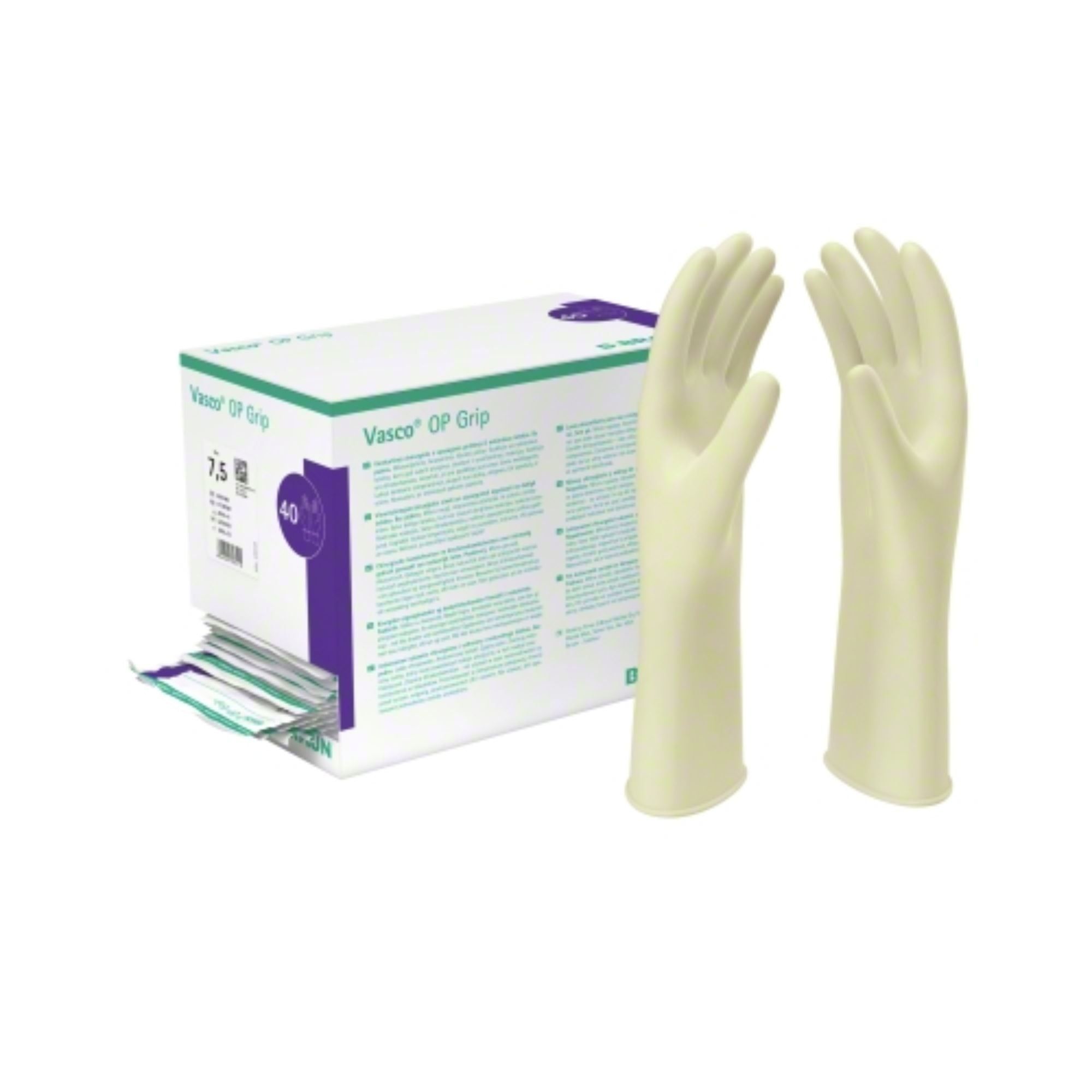 Zwei cremefarbene OP-Handschuhe neben einer weißen Verpackung. Auf der Verpackung steht "Vasco OP Grip" und "7,5".