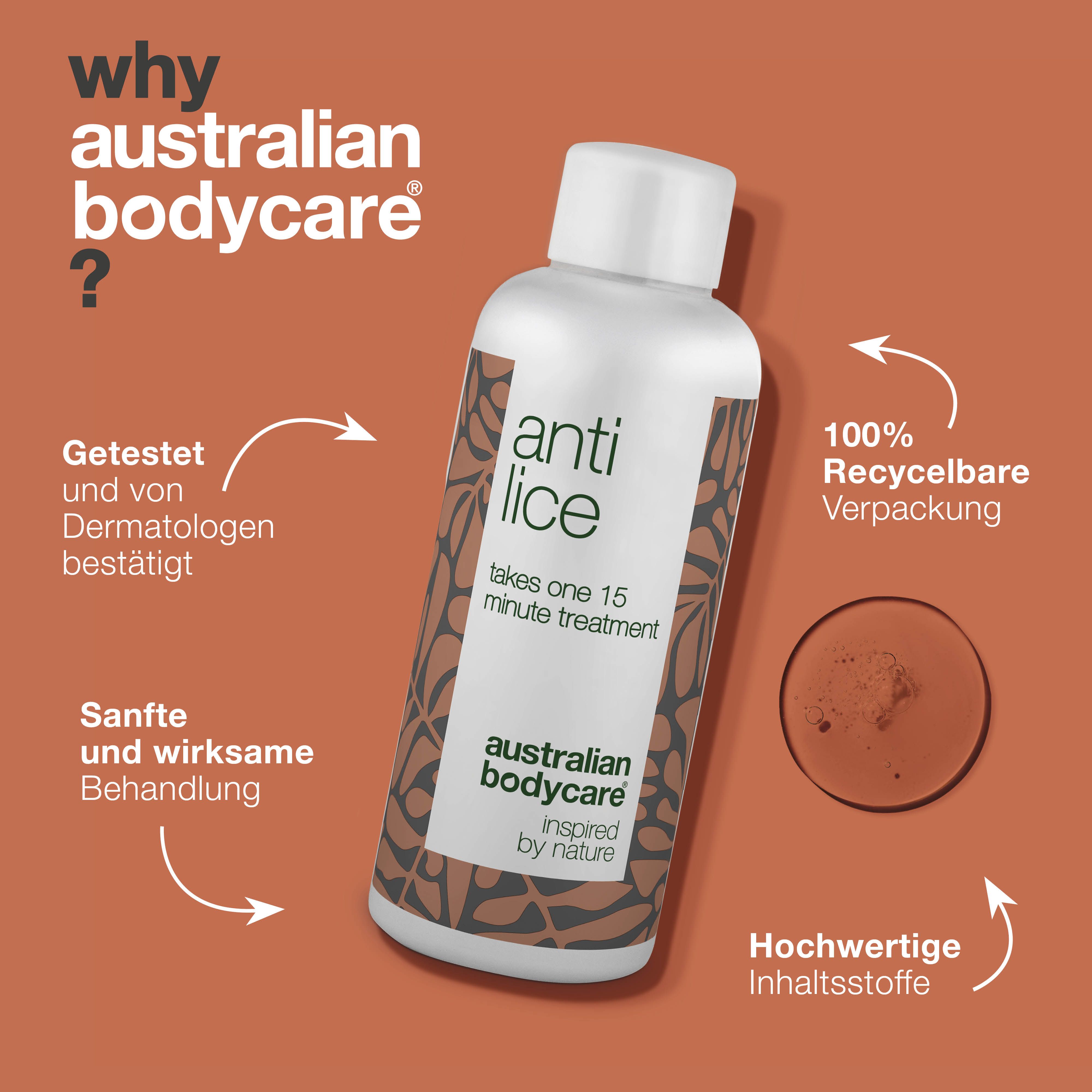 Produktflasche "Anti Lice" mit Text und Pfeilen. Text: 100% recycelbare Verpackung.