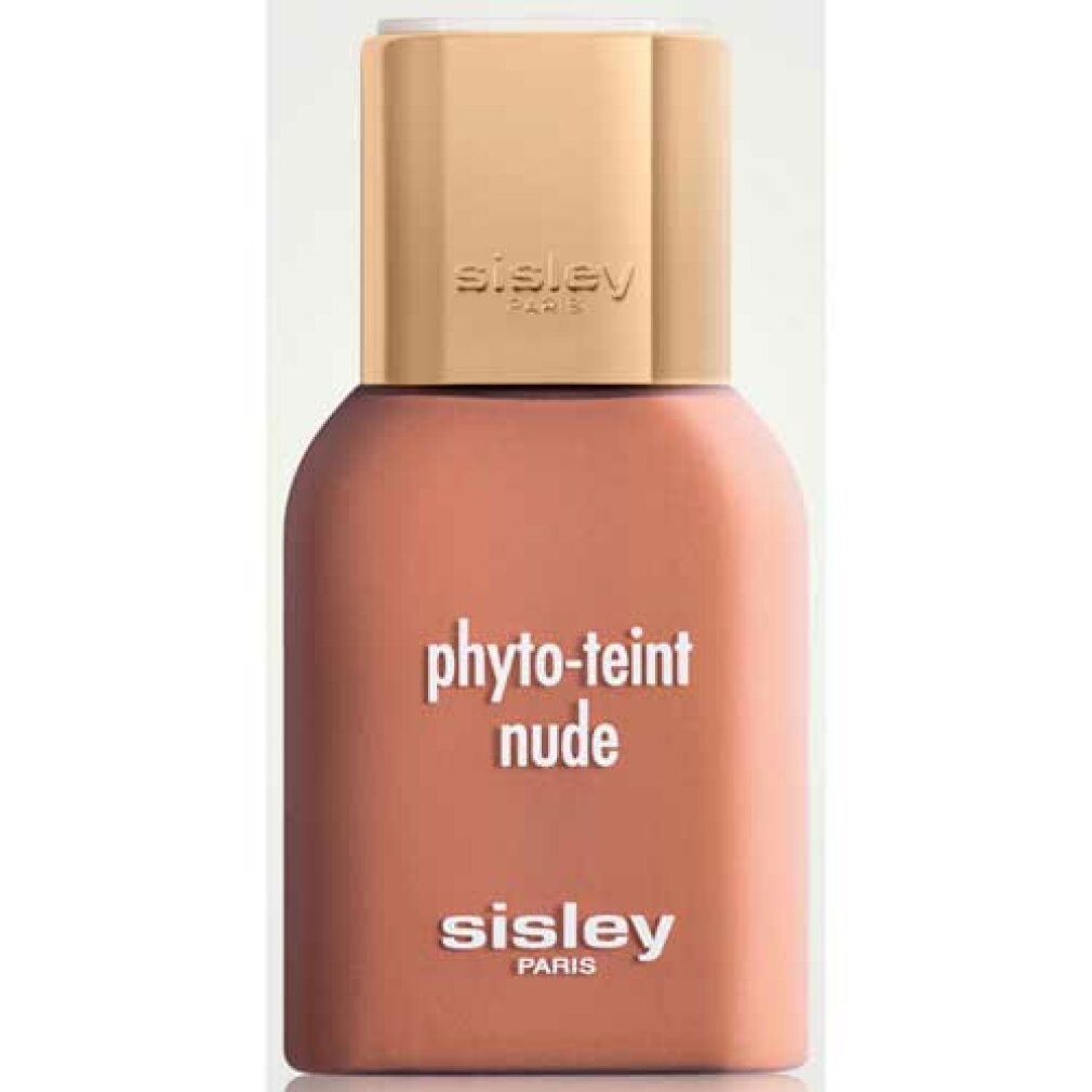 Flakon Sisley Phyto-Teint Nude. Braune Flüssigkeit, goldfarbener Deckel. Schriftzug: Phyto-Teint Nude, Sisley Paris.
