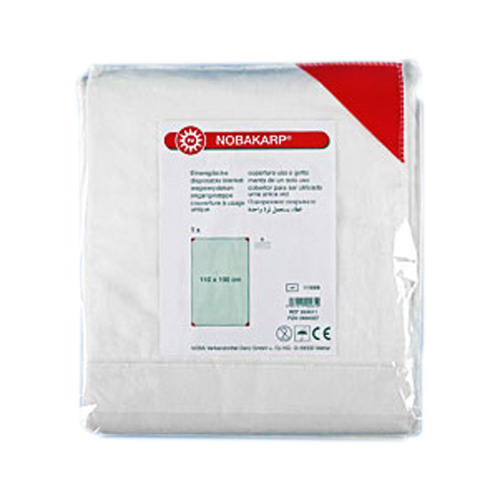 Einmaldecke in Folienverpackung. Aufdruck mit Produktname NOBAKARP, Größenangabe 110 x 190 cm und CE-Kennzeichnung.