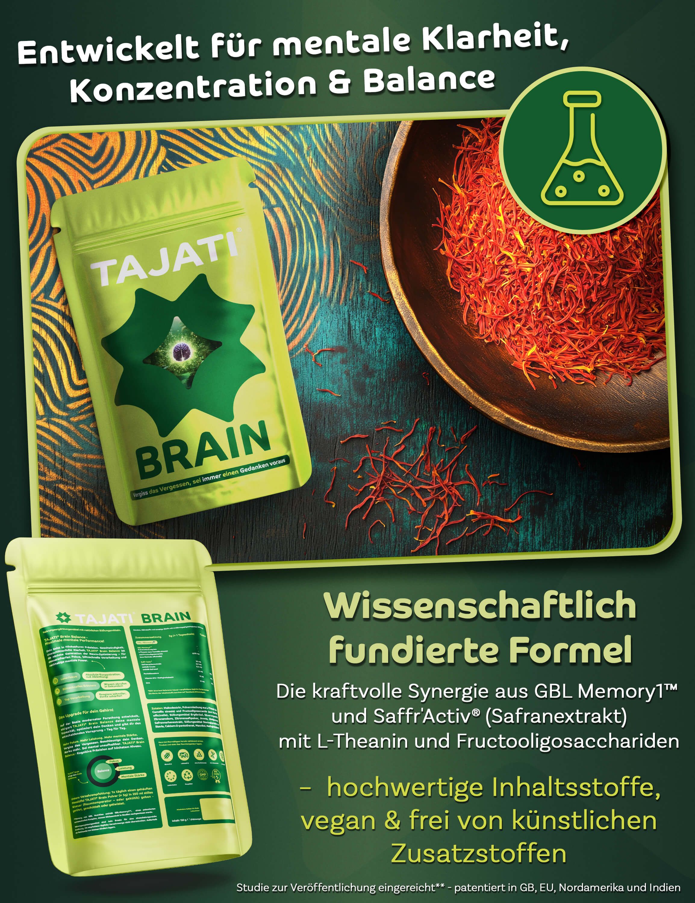 Grüne Beutel mit Produktaufdruck. Oben rechts eine Schale mit Safran. Text: TAJATI BRAIN, wissenschaftlich fundierte Formel.