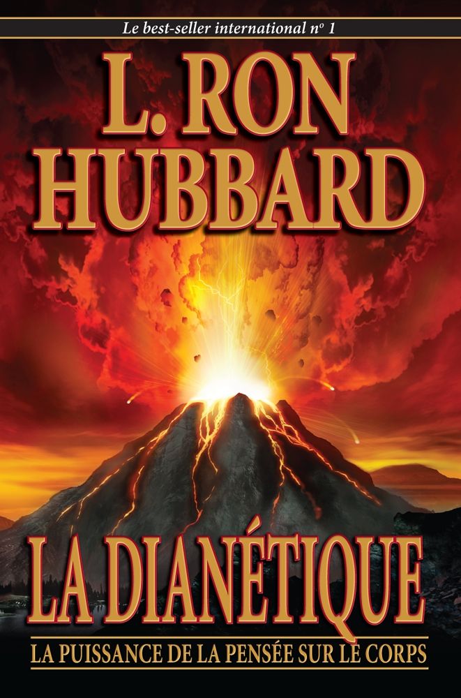 Buchcover mit Titel "La Dianétique" von L. Ron Hubbard. Vulkan-Illustration mit Titel und Autorennamen in goldener Schrift.