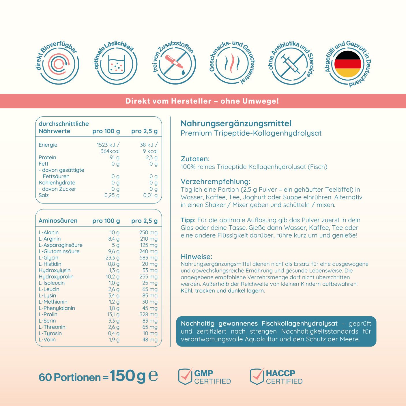 Nährwertangaben und Aminosäuren für Tripeptid-Kollagenhydrolysat. 60 Portionen = 150g. GMP und HACCP zertifiziert.
