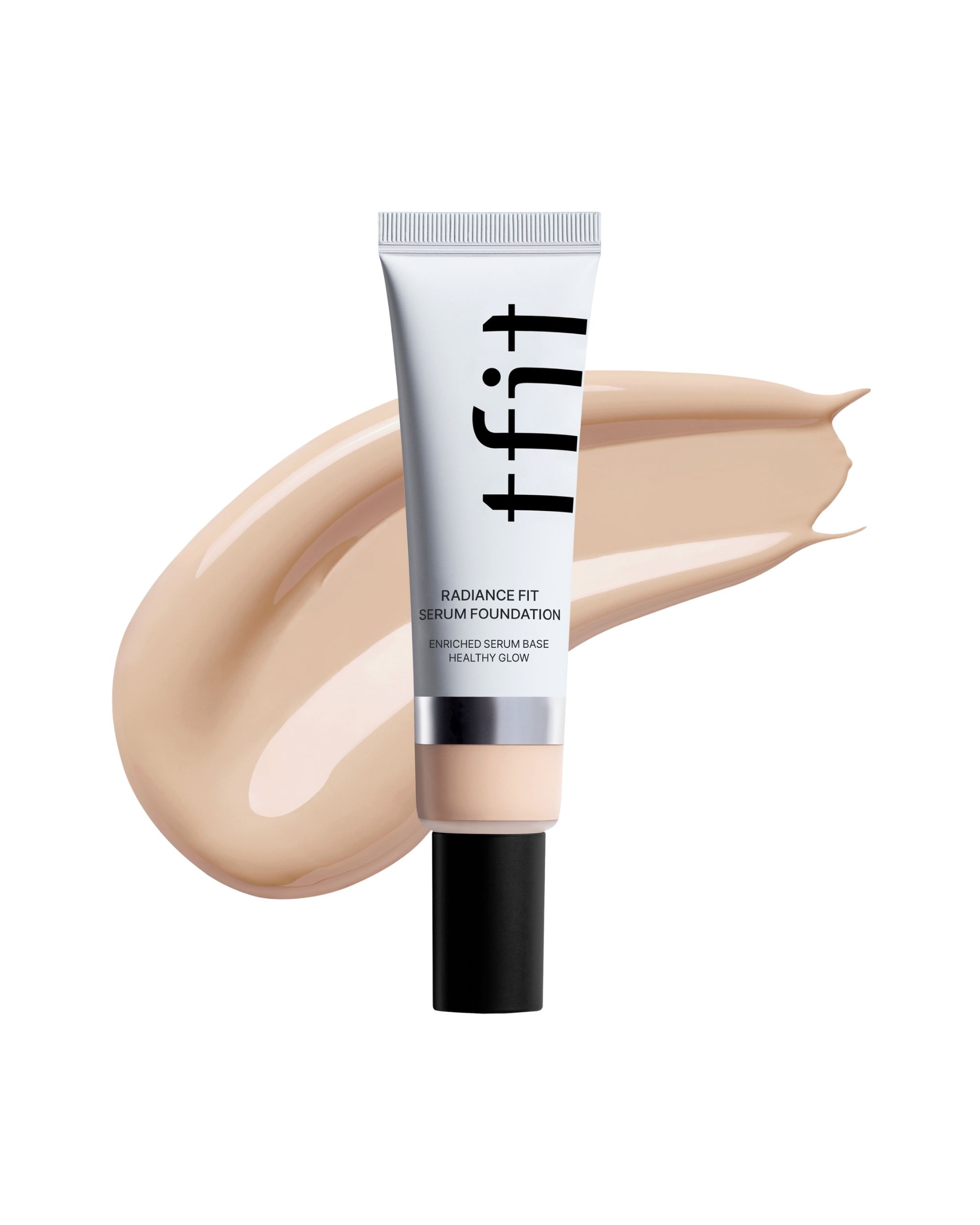 Weiße Tube mit schwarzem Deckel und Produkt-Swatches. Aufschrift: TFIT Radiance Fit Serum Foundation.