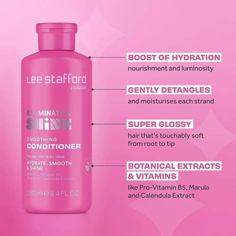 Eine pinke Flasche Lee Stafford Illuminator Shine Smoothing Conditioner, 250ml.