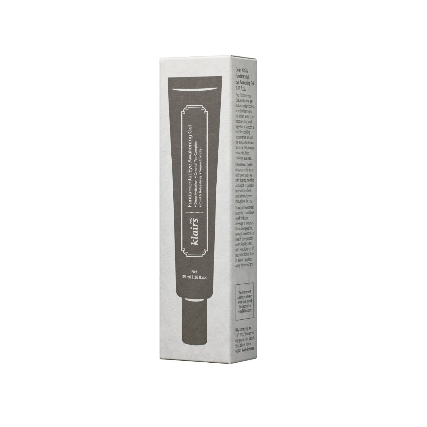 Produktverpackung mit Tube. Graue Tube in weißem Karton. Produktname und Marke deutlich sichtbar.