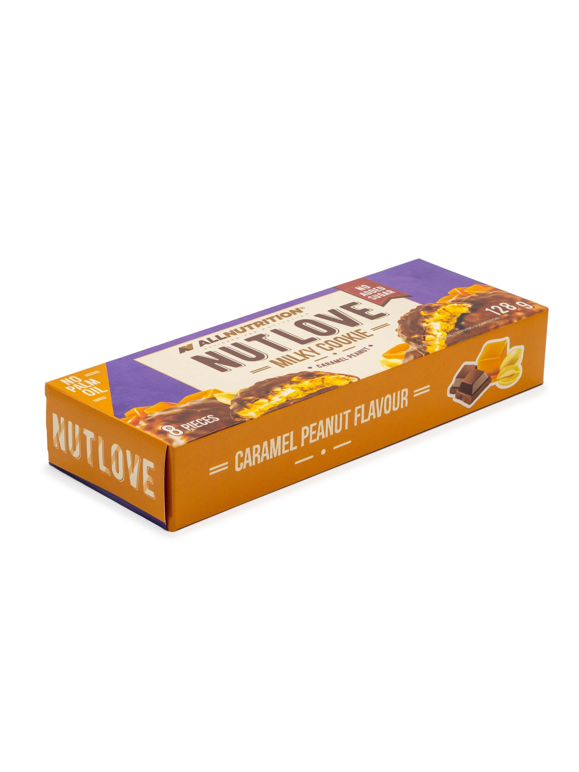Schrägansicht der Verpackung von "NUTLOVE Milky Cookie Caramel Peanut". Aufschrift: "8 PIECES" und "128 g".