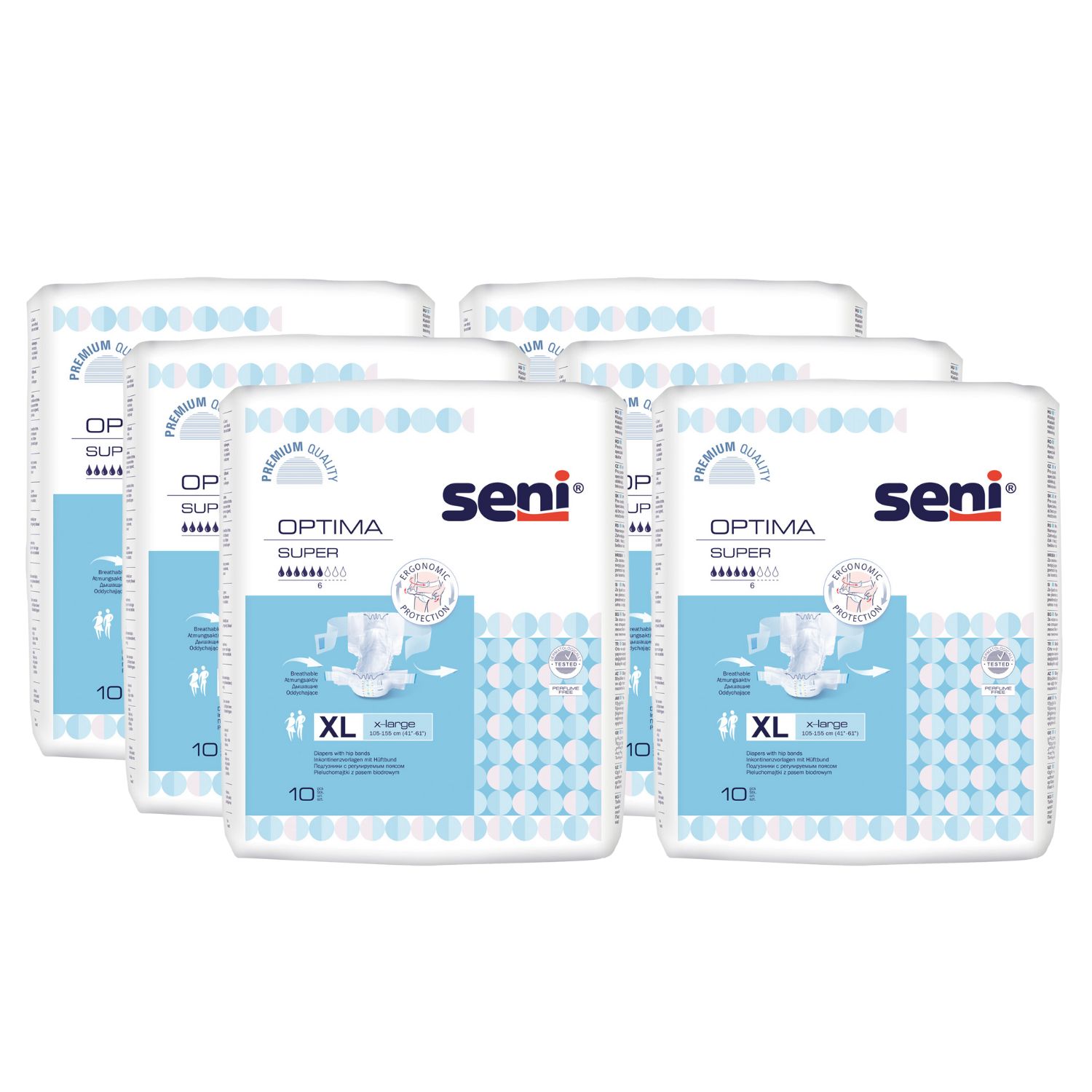 Mehrere Packungen Seni Optima Super Inkontinenzprodukte, Größe XL, mit blauen Mustern und Produktinformationen.