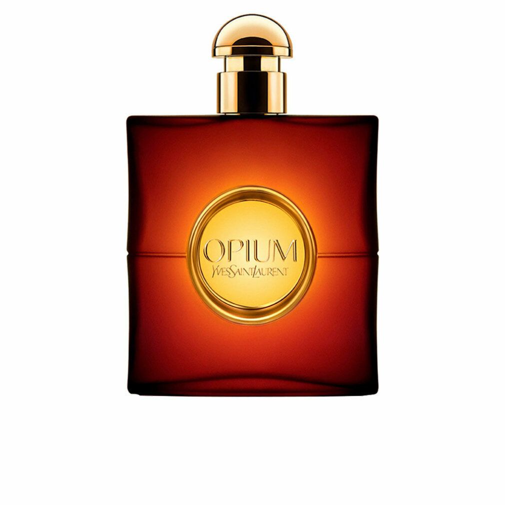 Dunkelroter Flakon mit goldfarbenem Verschluss. Auf dem Flakon steht "OPIUM" und "Yves Saint Laurent".