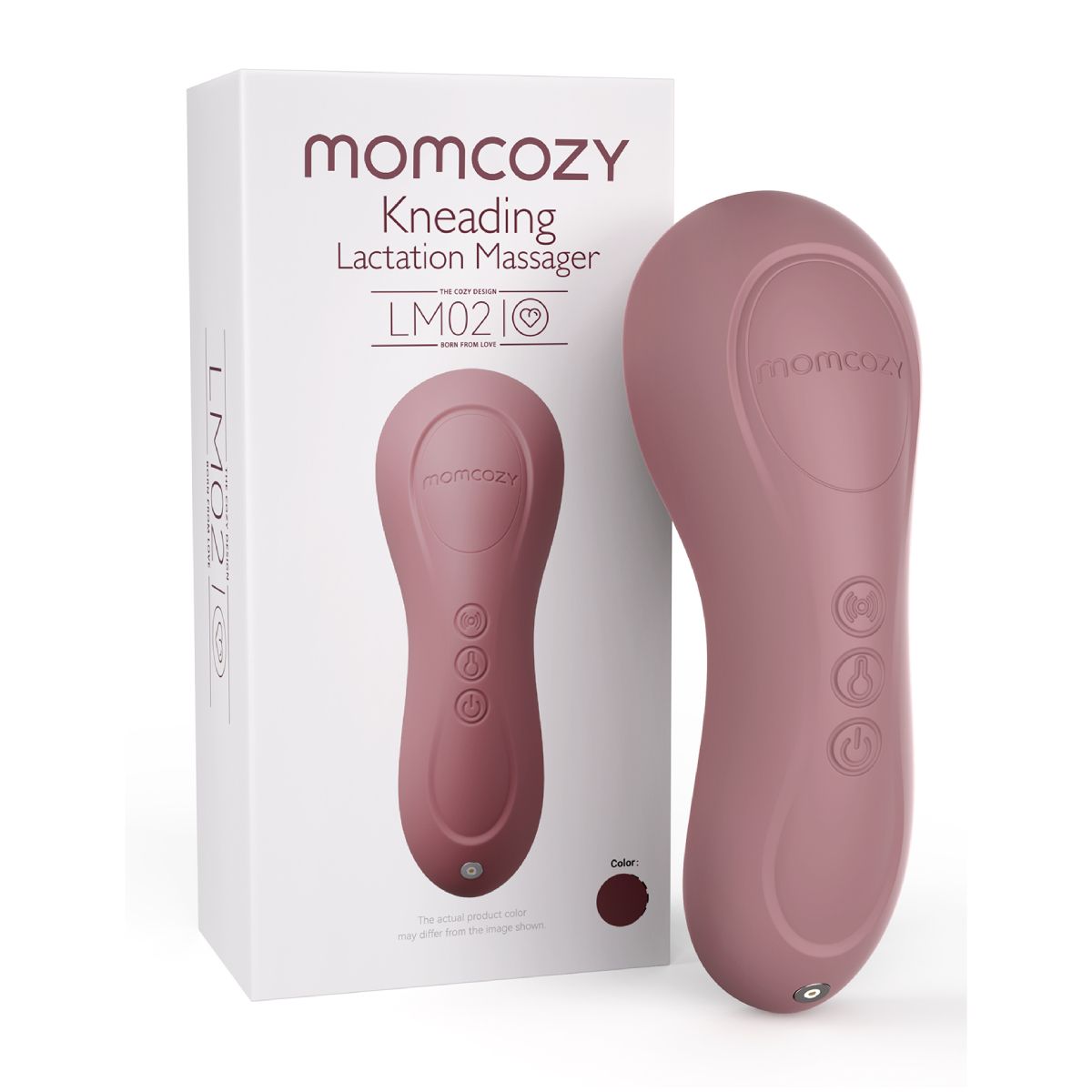 Momcozy Kneading Lactation Massager in Verpackung. Rosa Massagegerät und Verpackung mit Produktnamen und Logo.