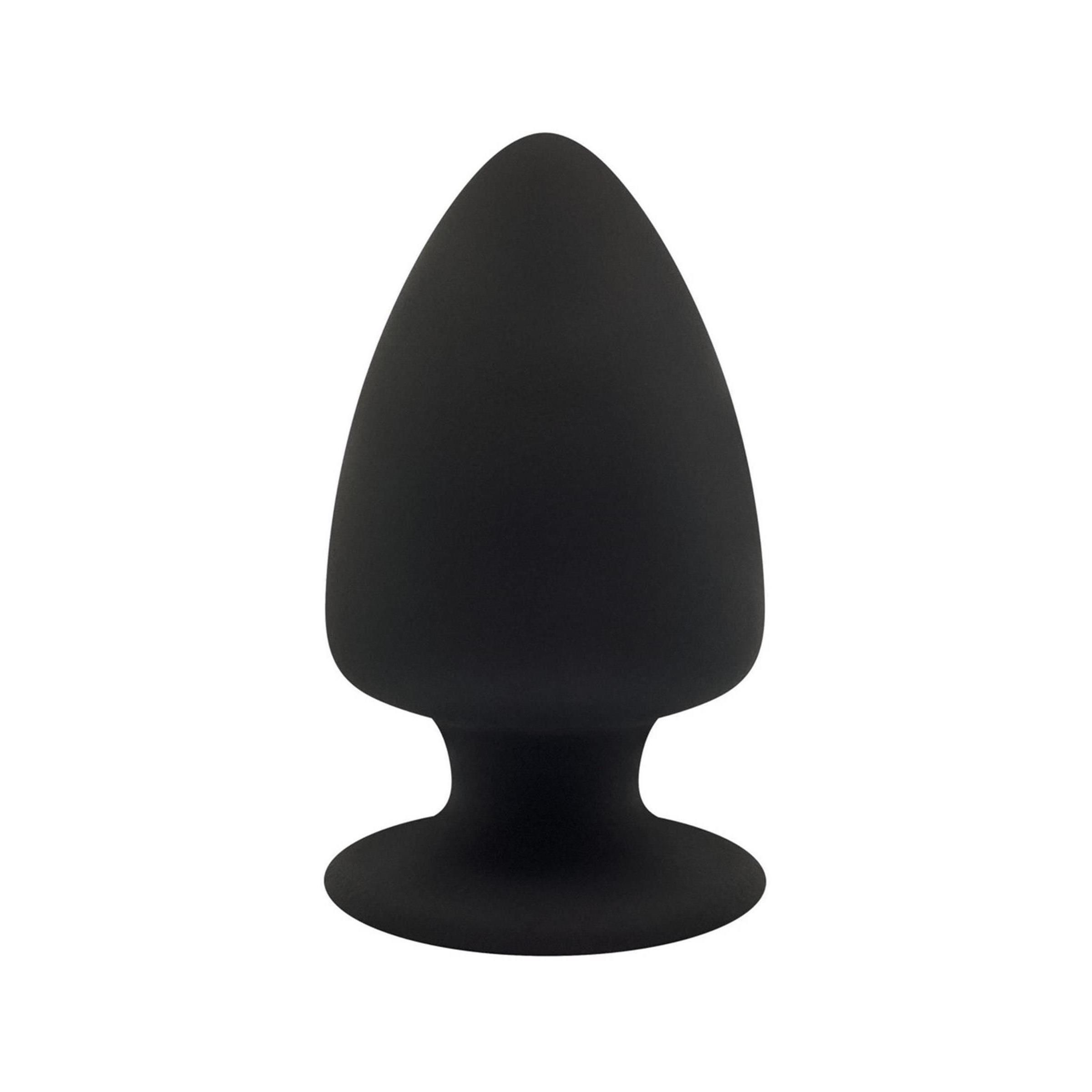 Schwarzer Silikon-Plug. Kegelförmig. Basis mit rundem Rand. Glatte Oberfläche.