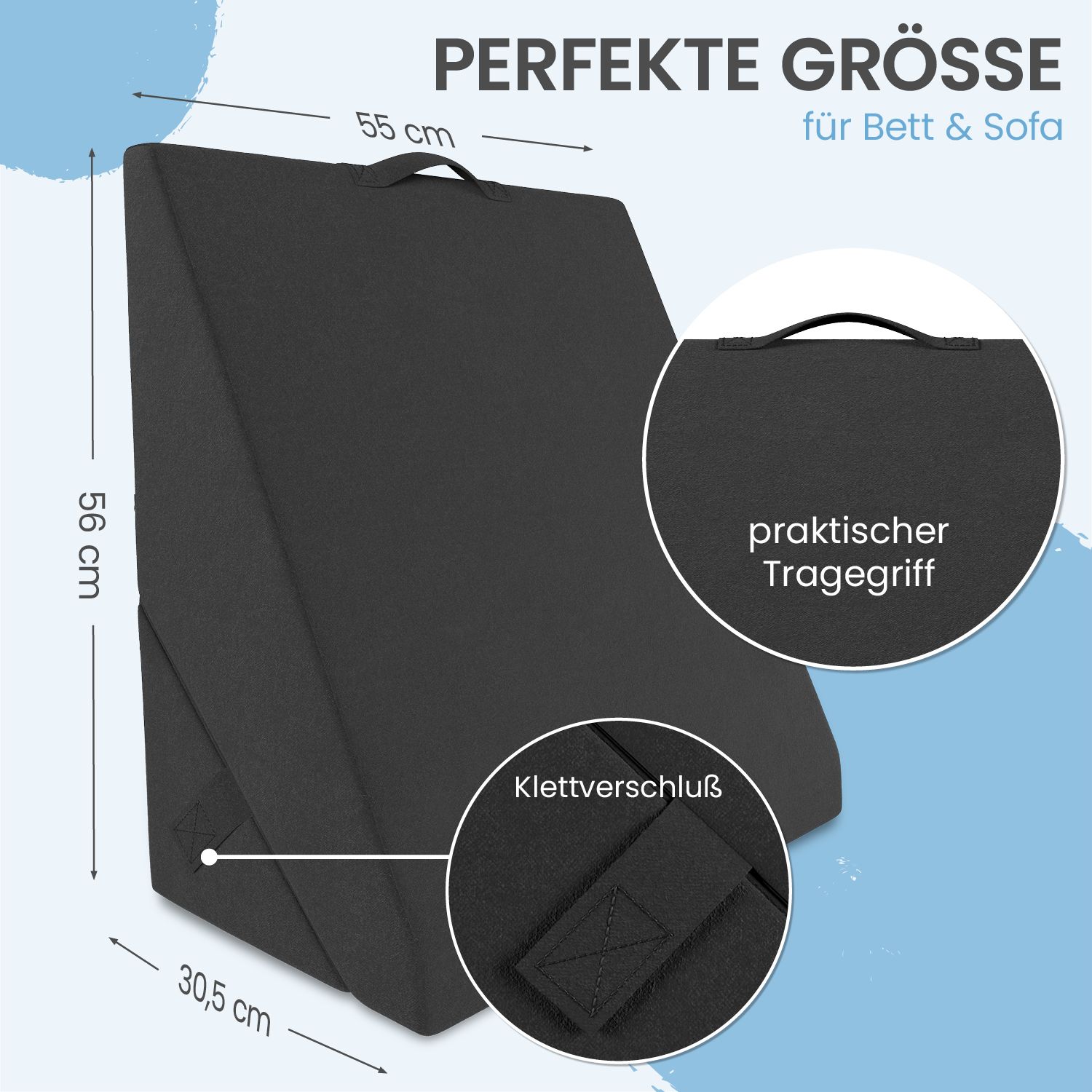 Schwarzes Keilkissen mit Griff und Klettverschluss. Maße: 56x55x30,5 cm. Text: Praktischer Tragegriff.