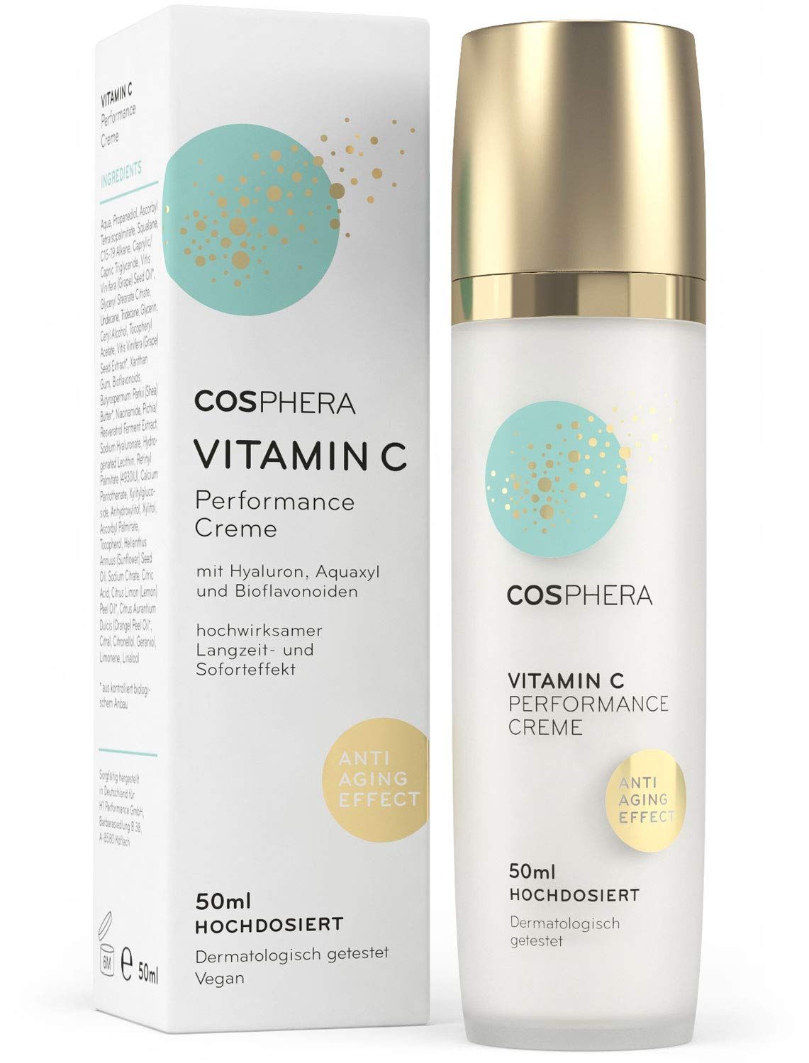 Cosphera Vitamin C Creme Flasche und Faltschachtel. Beschriftung mit "Anti Aging Effect".