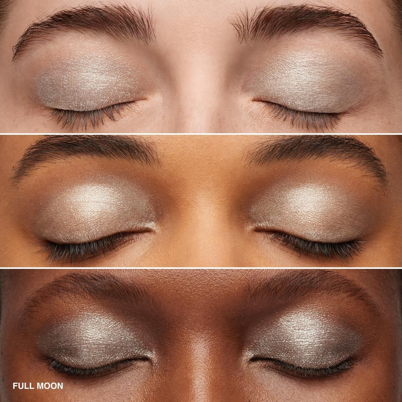 Drei Paare geschlossener Augen mit Lidschatten. Der Lidschatten ist hell und schimmert. Der Text 'FULL MOON' ist unten sichtbar.