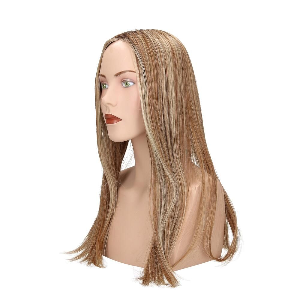 Haarteil Rose von trendhair auf einer Büste. Blonde Strähnen in braunem Haar. Seitenansicht.