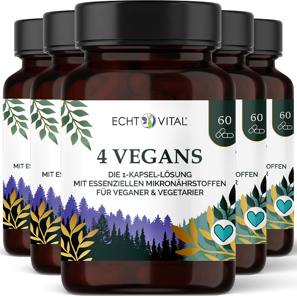 Flaschen mit Echt Vital 4 Vegans Nahrungsergänzungsmitteln. Jede Flasche enthält 60 Kapseln.