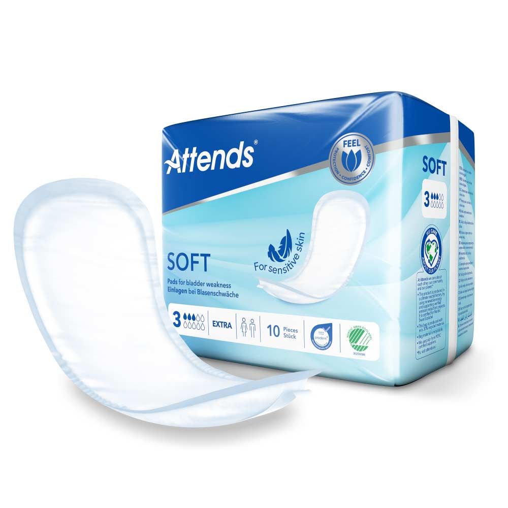 Attends Soft 3 Extra. Packung und einzelne Einlage. Blaue Verpackung mit Produktabbildung und Logo. Für empfindliche Haut.