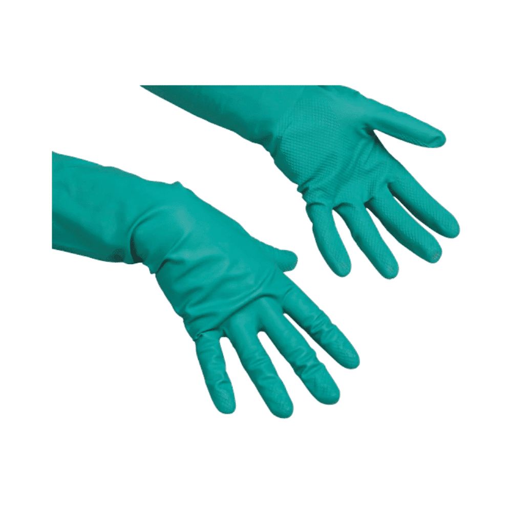 Zwei grüne Handschuhe, die Hände zeigen. Die Handschuhe sind aus Gummi oder einem ähnlichen Material gefertigt.