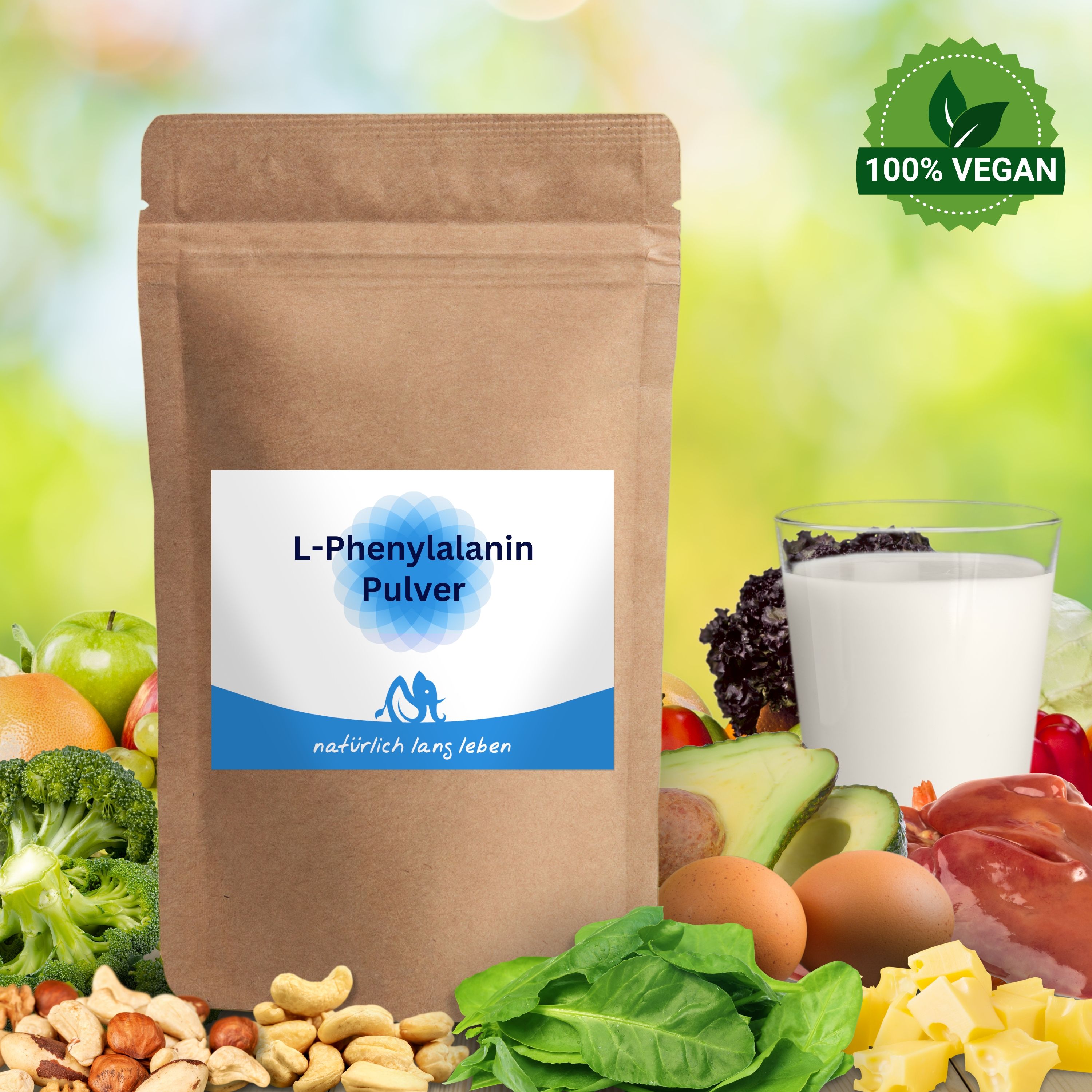 Braune Pulverpackung mit blau-weißem Etikett. Aufschrift: L-Phenylalanin Pulver. Marke: natürlich lang leben. 100% vegan.