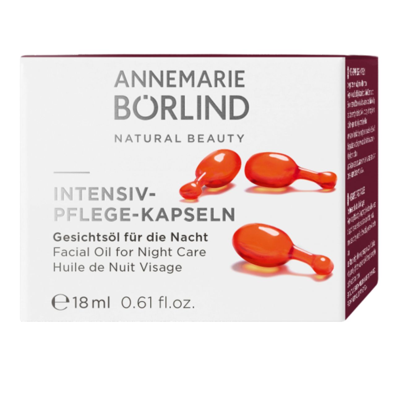 Verpackung mit Kapseln. Aufschrift: INTENSIV-PFLEGE-KAPSELN. Gesichtsol für die Nacht. 18 ml.