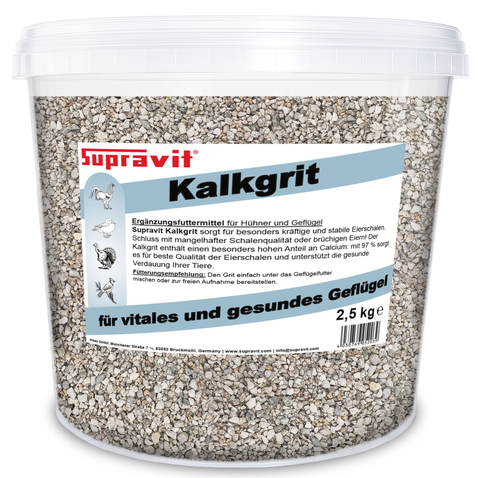 Eimer mit Kalkgrit. Text: Supravit Kalkgrit für Hühner und Geflügel. 2,5 kg. Text: für vitales und gesundes Geflügel.