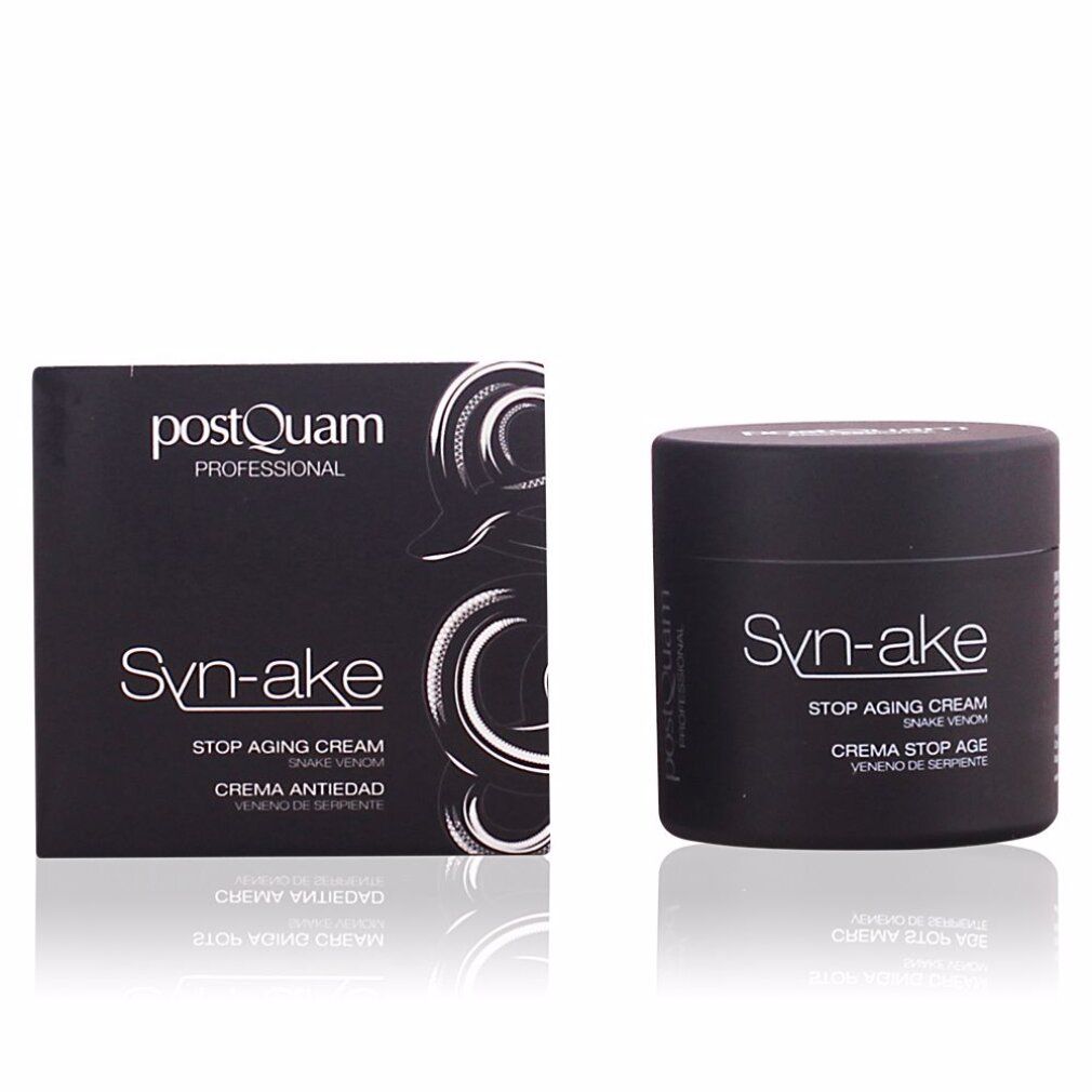 Schwarze Creme-Dose und Schachtel. Aufschrift Syn-ake, Stop Aging Cream. Marke Postquam Professional.