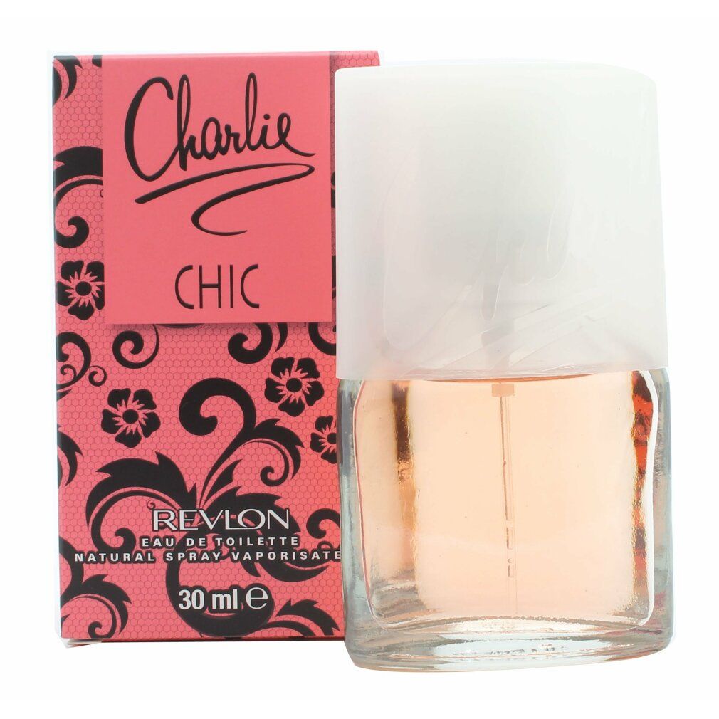 Revlon Charlie Chic Eau de Toilette. Rosa Flakon mit weißem Deckel, neben passender Schachtel. Schwarze Schrift auf rosa Hintergrund.