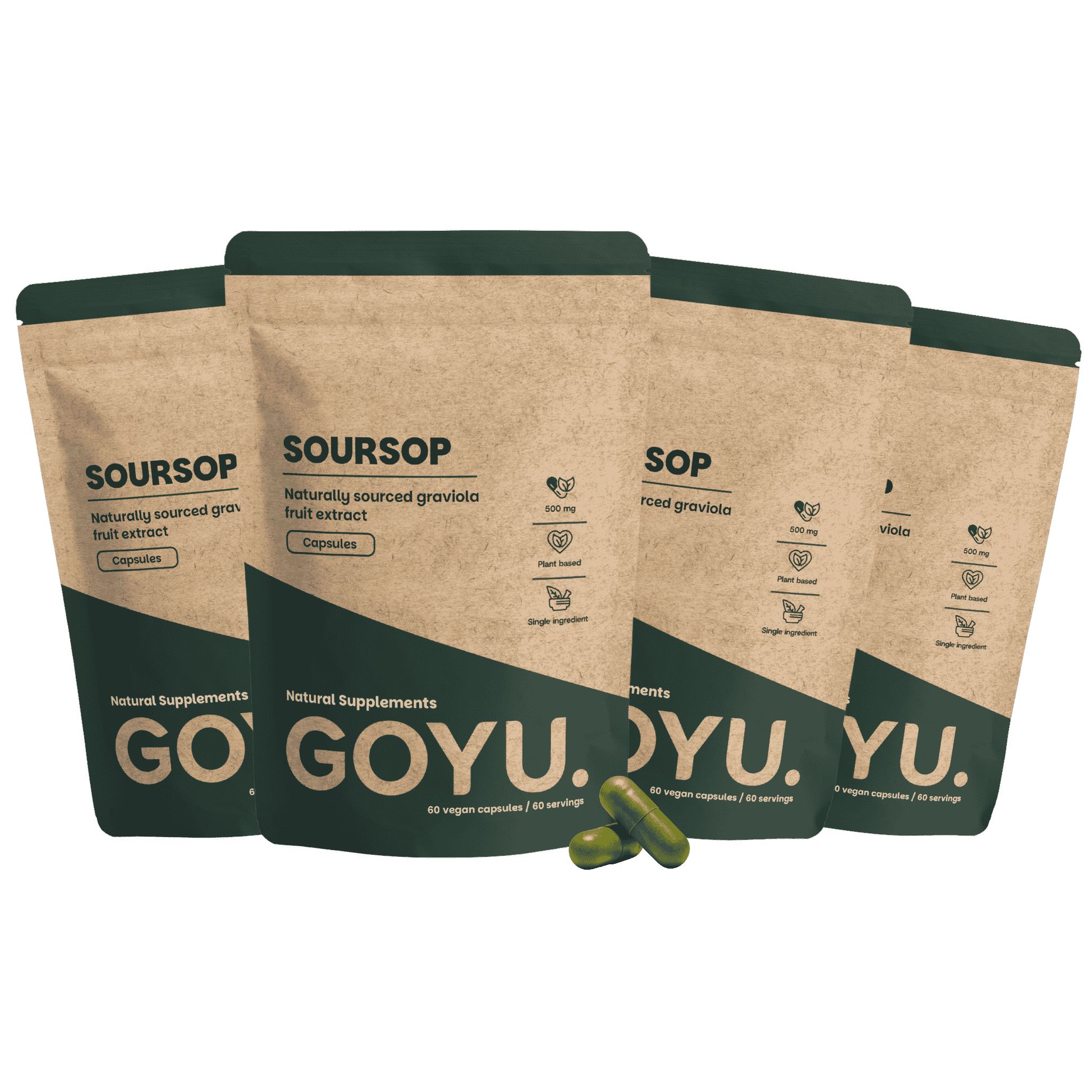 Vier braune Beutel mit Soursop-Kapseln, zwei davon vorne, zwei hinten.