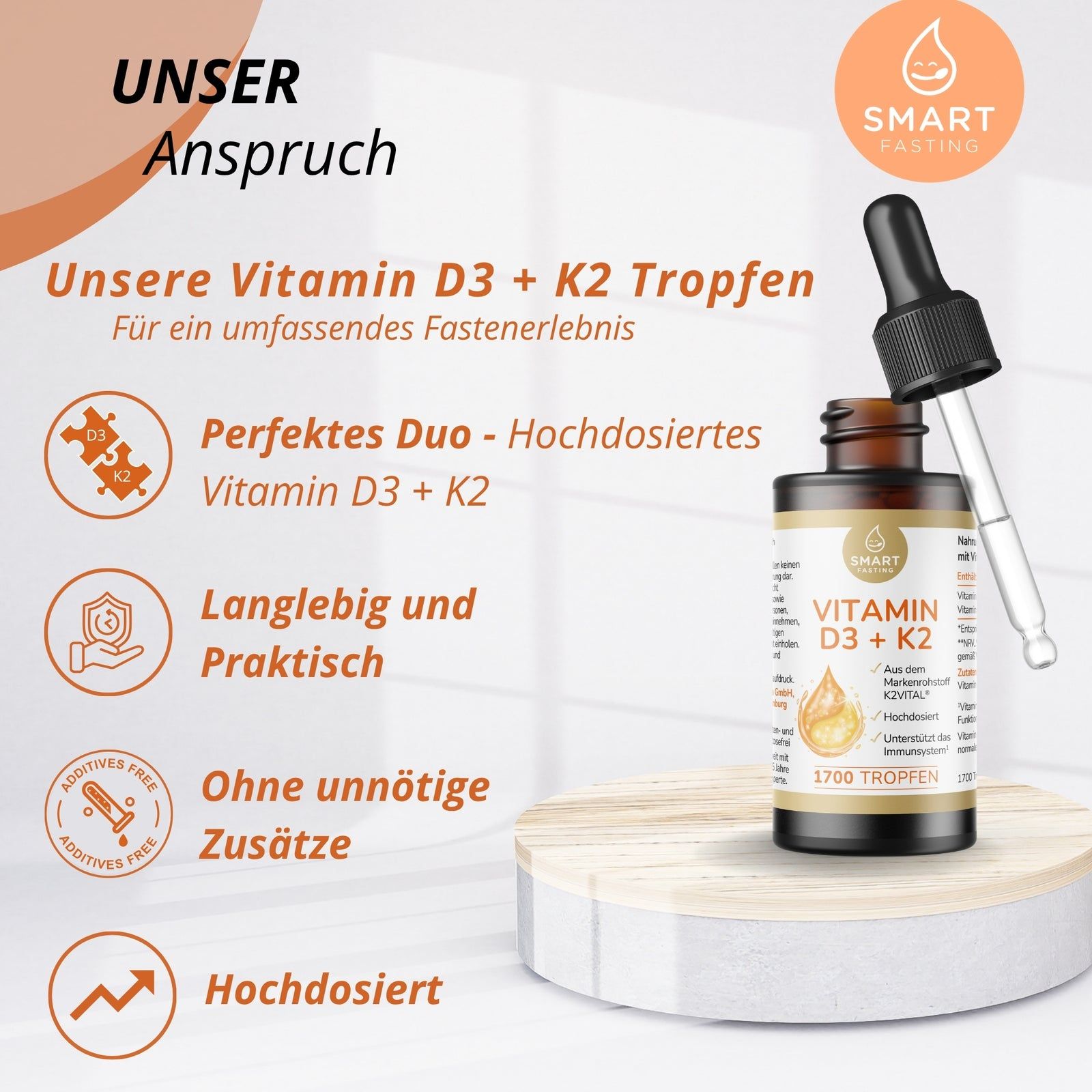 Smart Fasting® Vitamin D3 K2 - 1000I.E. Vit D & 20µg Vit K2/Tropfen - K2VITAL® 99,7% all-trans