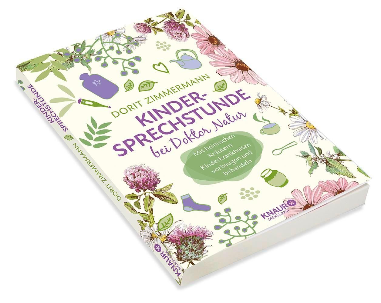Buchcover mit Titel: Kindersprechstunde bei Doktor Natur. Illustrationen von Kräutern und Blüten. KNAUR-Logo.