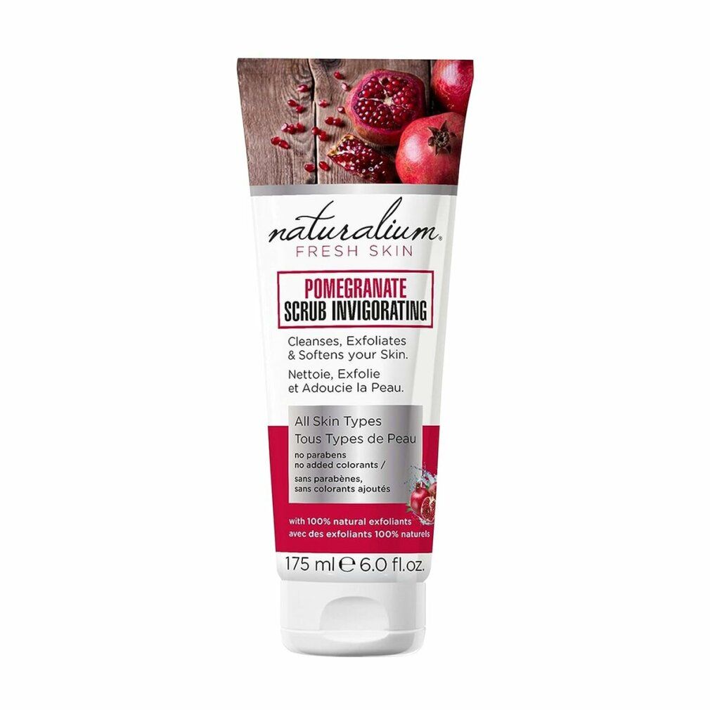 Tube Naturalium Pomegranate Facial Scrub. Produktname und Inhaltsstoffe aufgedruckt. Abbildung von Granatäpfeln.