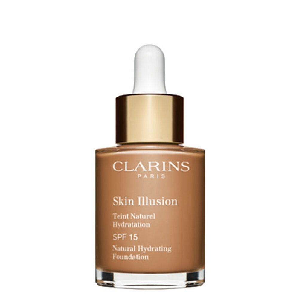 Flakon mit Flüssig-Make-up. Aufschrift: Skin Illusion, Teint Naturel Hydratation, SPF 15. Marke: Clarins.