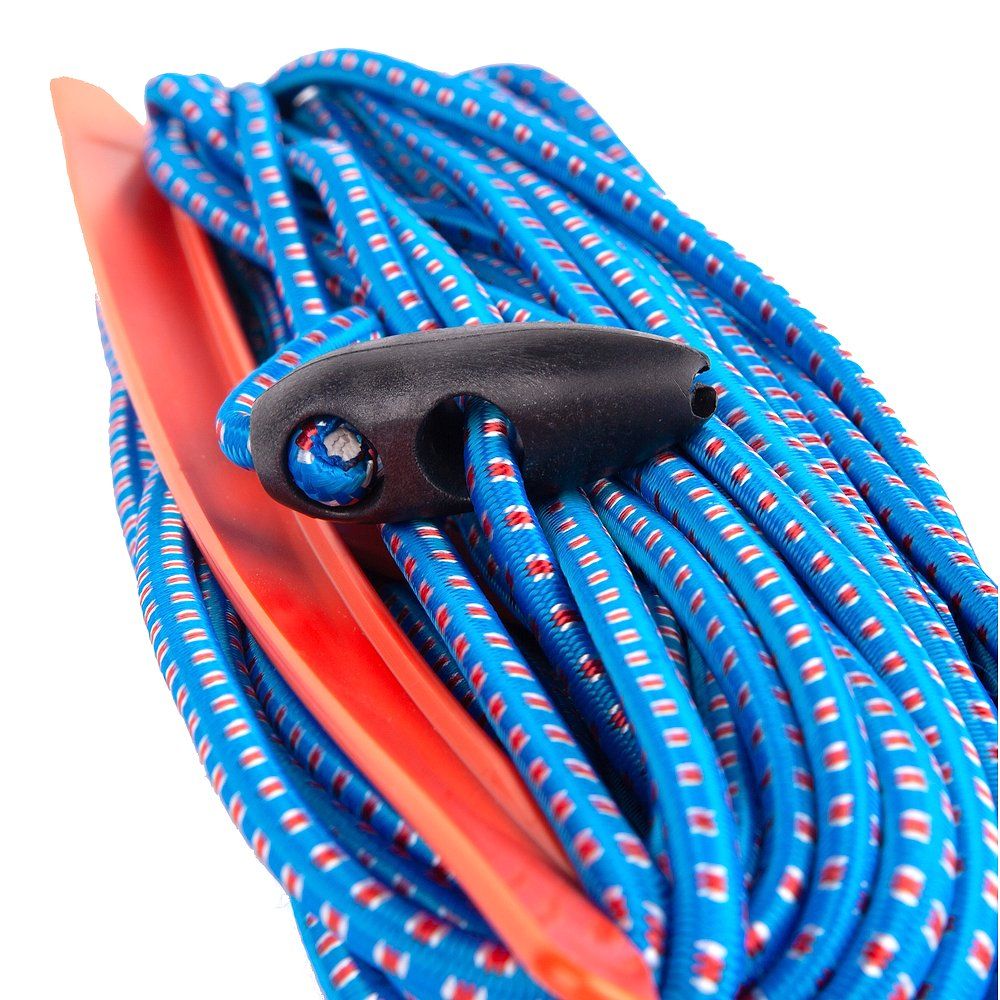 Blau-weißes Gummiband mit schwarzem Verschluss und roter Halterung. Nahaufnahme, teilweise aufgerollt.