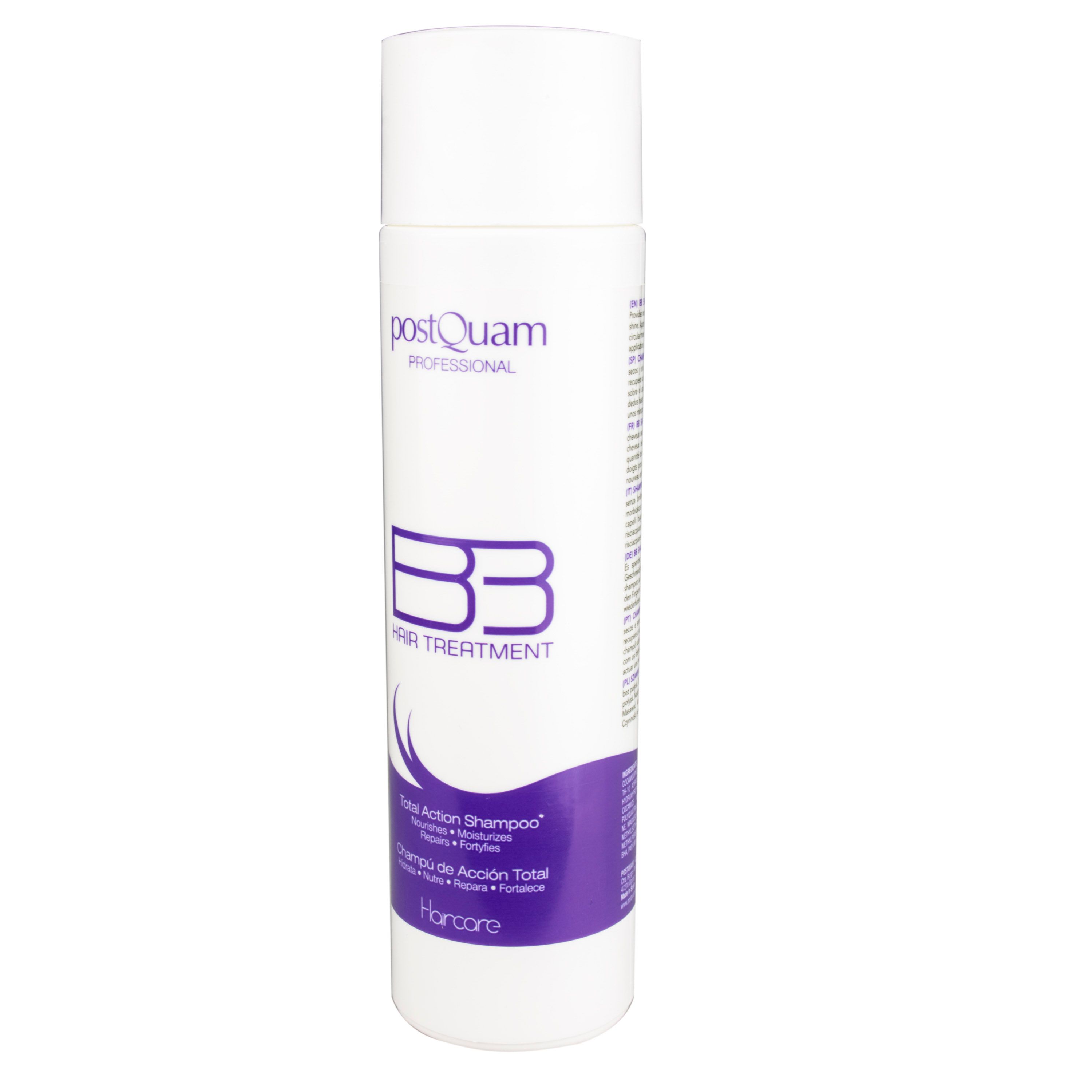 Weiße Flasche mit lila Etikett. Aufschrift: Postquam Professional, BB Hair Treatment. Enthält Text in mehreren Sprachen.