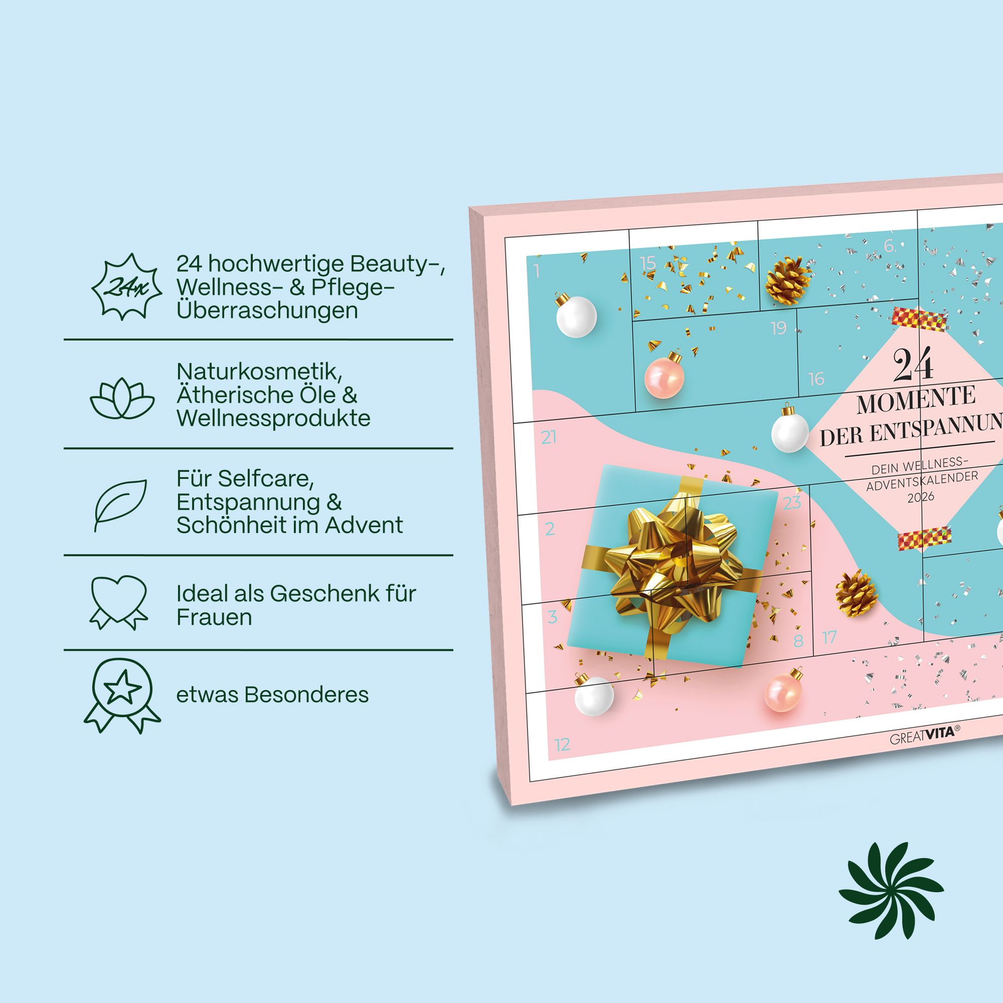 Wellness Adventskalender mit 24 Türchen, dekoriert mit Geschenken und Weihnachtskugeln.
