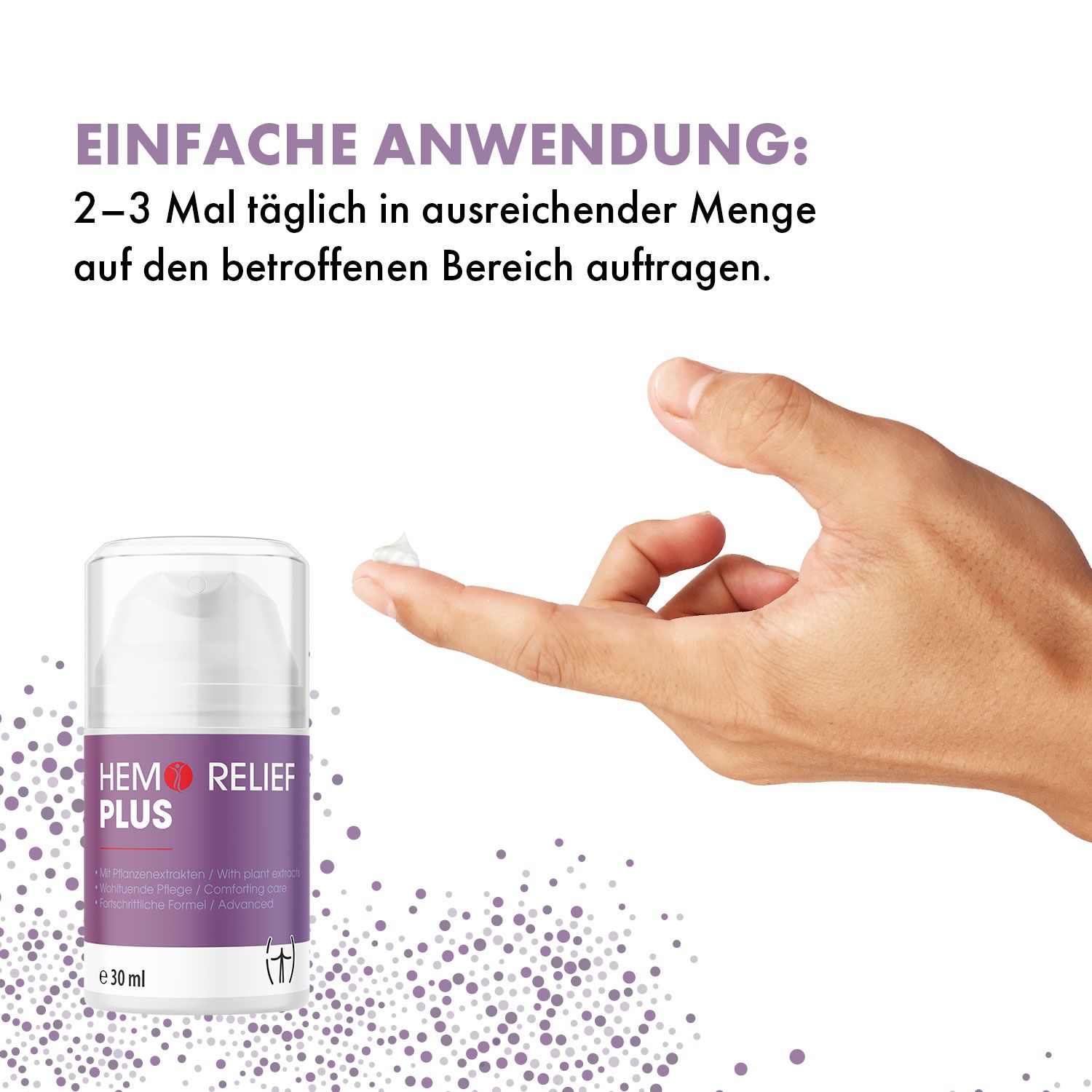 Hand mit Creme. Text: 2-3 mal täglich auf betroffenen Bereich auftragen. Flakon mit Aufschrift: Hemo Relief Plus.