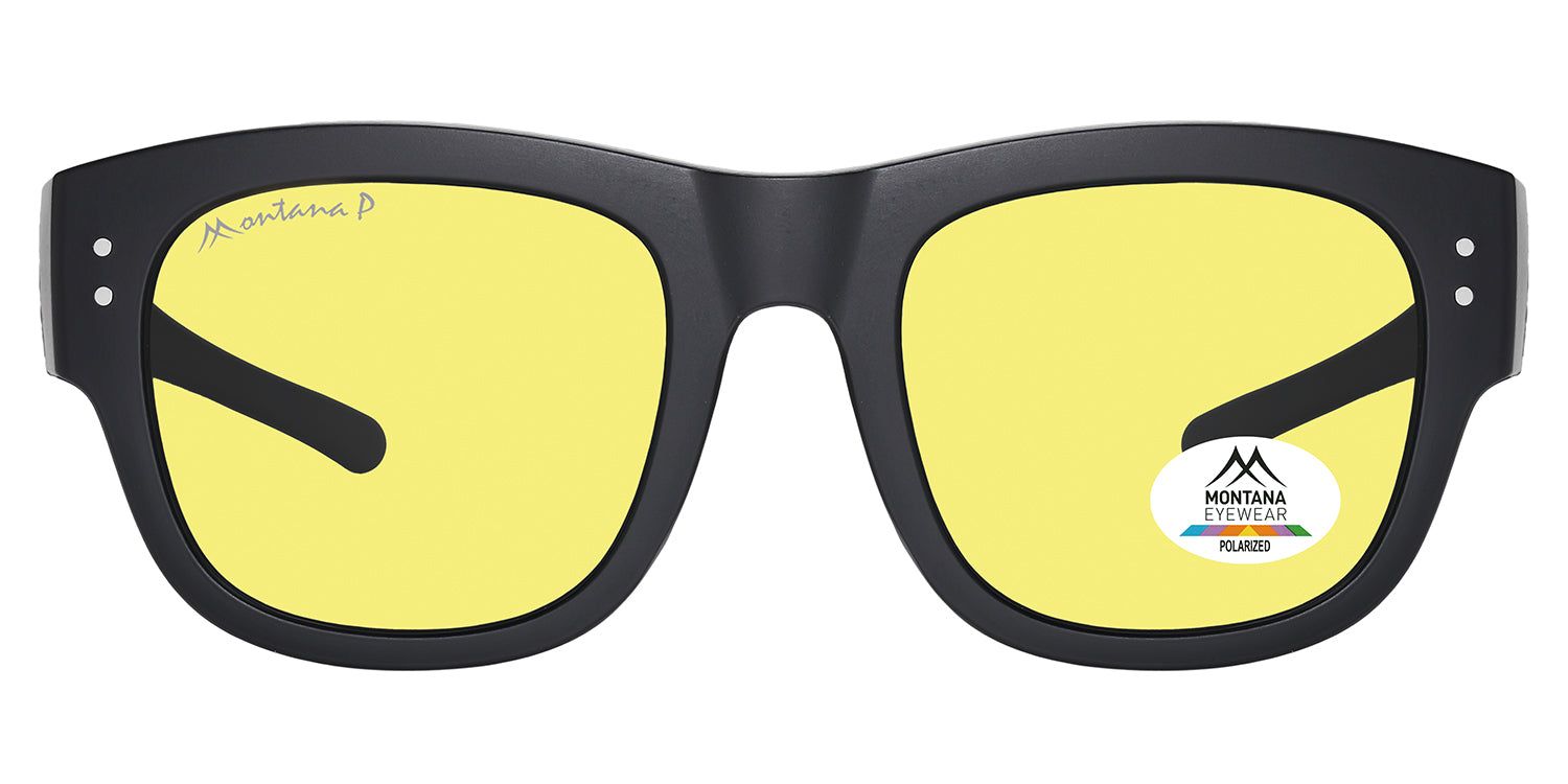 Schwarze Montana Eyewear Zaria Sonnen-Überbrille mit gelben Gläsern. Logo und Polarisations-Aufkleber. Rechteckige Form.