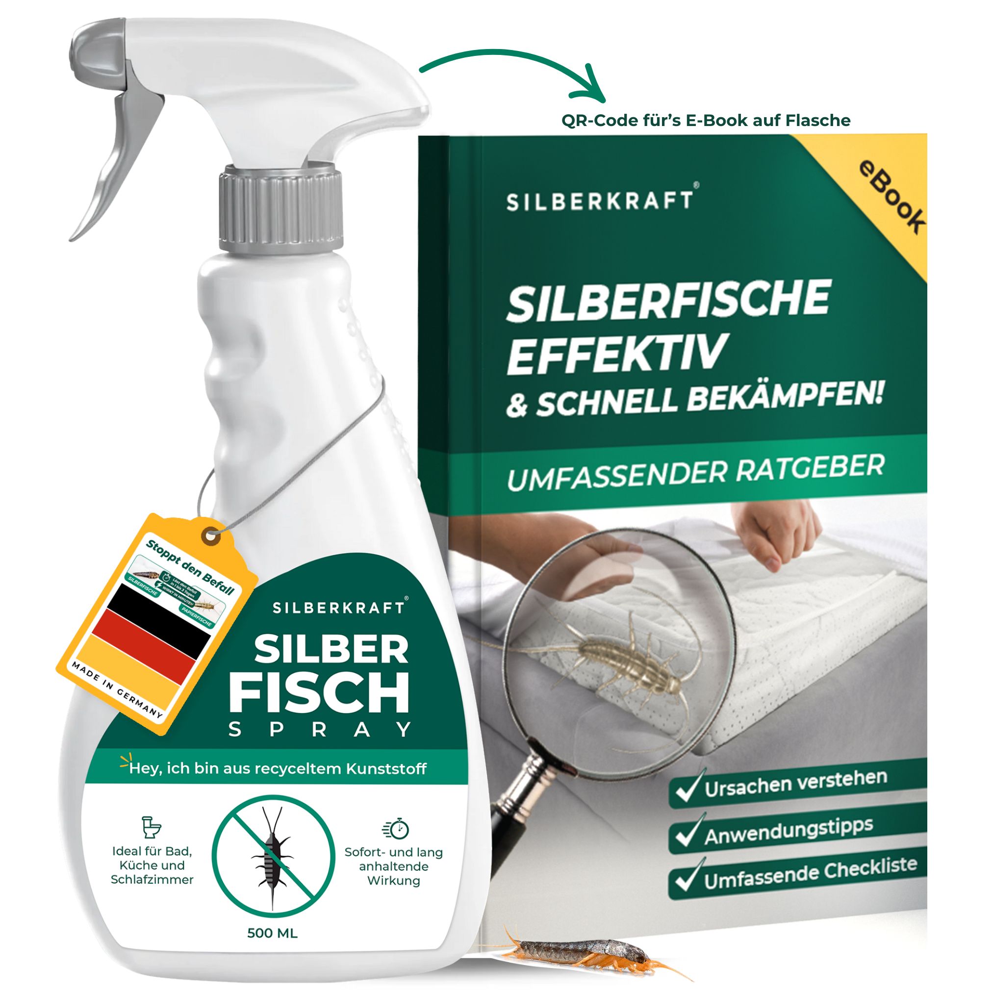 Sprayflasche und E-Book. Flasche mit Sprühkopf, Etikett mit Produktname und Inhaltsangabe. E-Book mit Titel und QR-Code.