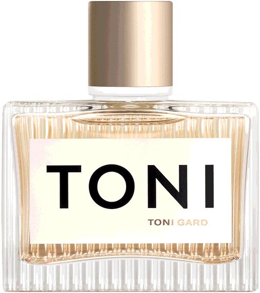 Toni Gard Eau de Parfum Flakon. Rechteckige Glasflasche mit goldfarbenem Verschluss. Aufschrift TONI und TONI GARD.