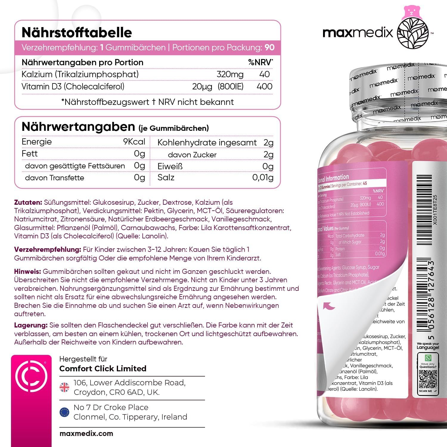 maxmedix Calcium & Vitamin D3 Gummibärchen für Kinder