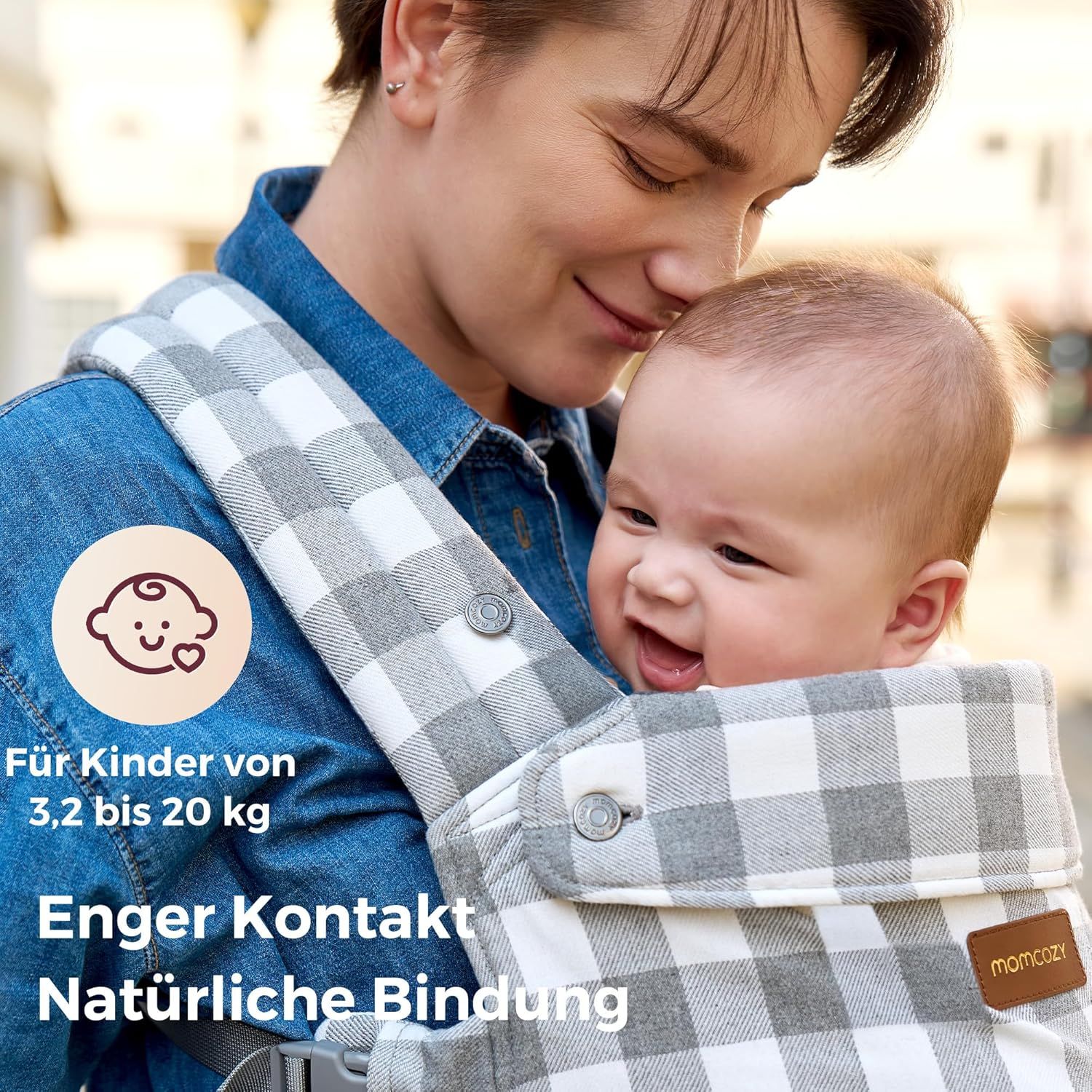Momcozy Babytrage Karomuster Blau-Grau