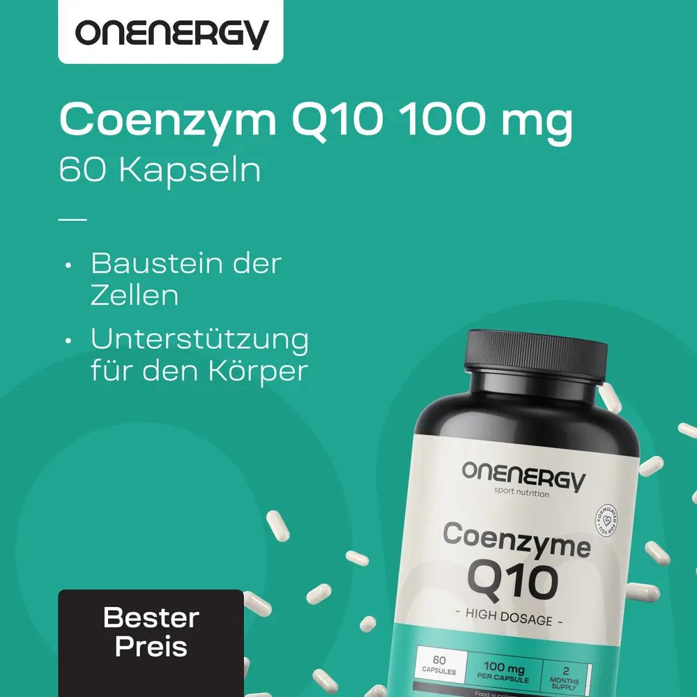 Flasche mit Coenzym Q10 und verstreuten Kapseln. Text: OnEnergy, Coenzym Q10 100 mg, 60 Kapseln. Baustein der Zellen. Unterstützung für den Körper.
