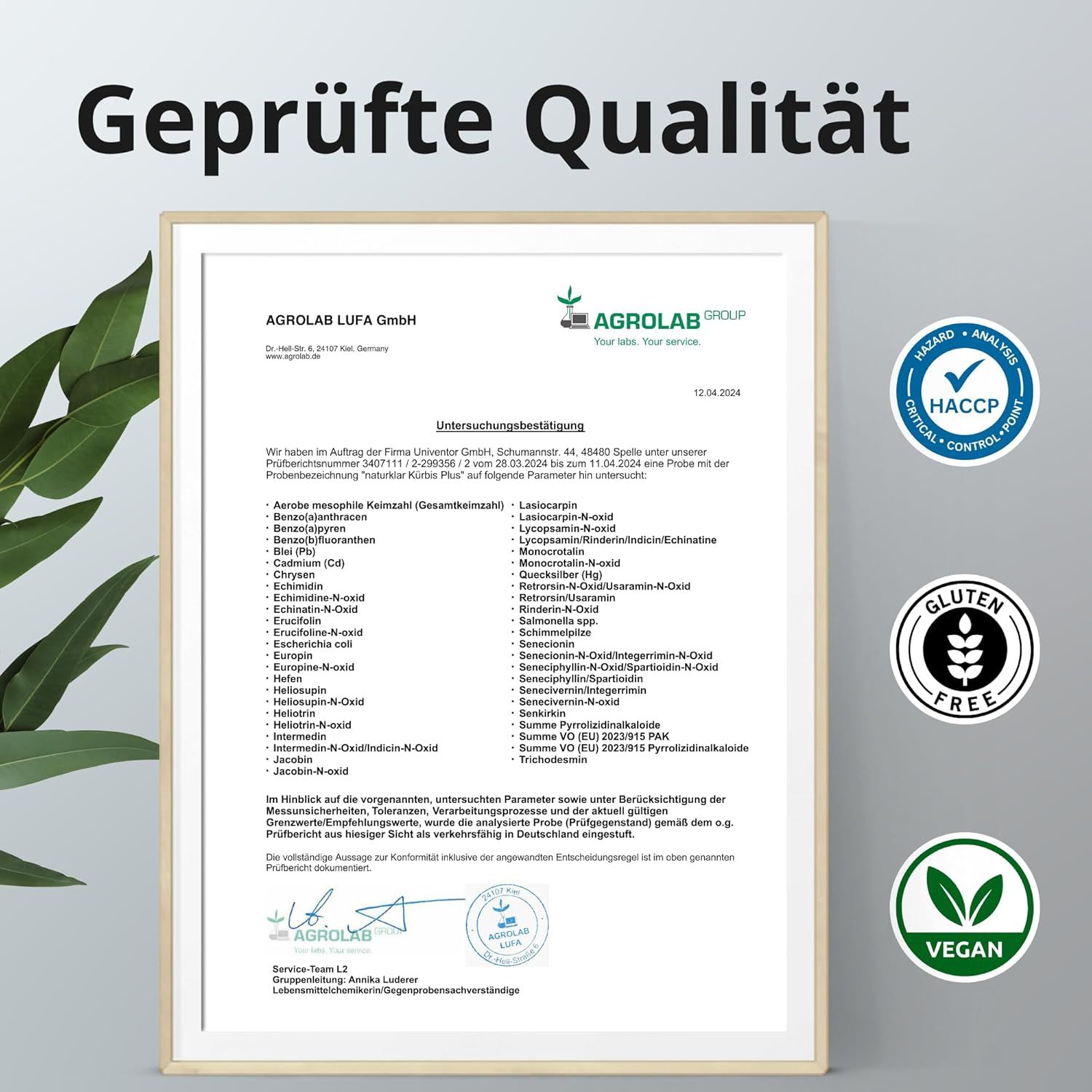 Zertifikat mit Text: Geprüfte Qualität. Logos: HACCP, Glutenfrei, Vegan. Unterschriften und Stempel.
