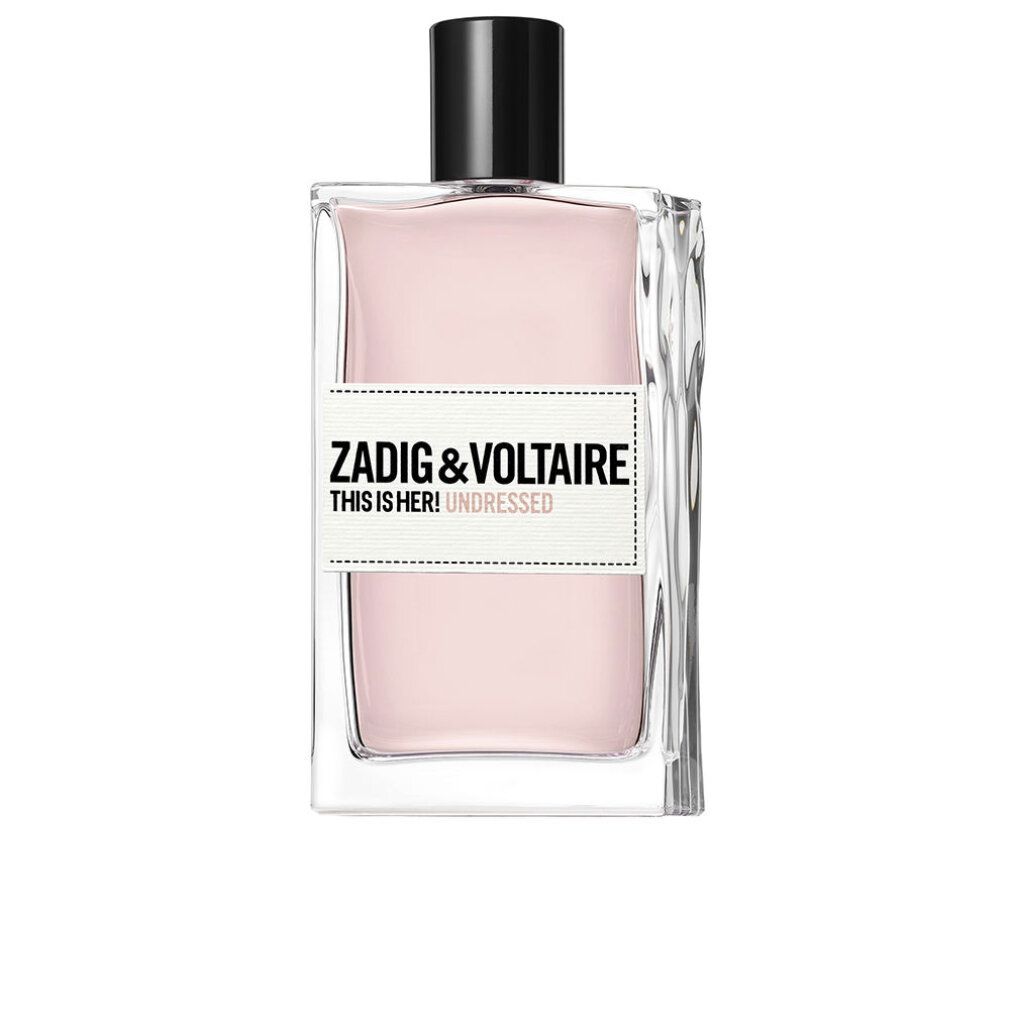 Zadig & Voltaire This is Her! Undressed EdP Nat. Spray. Rechteckiger Glasflakon mit schwarzem Verschluss. Weißes Etikett mit Logo und Produktname.
