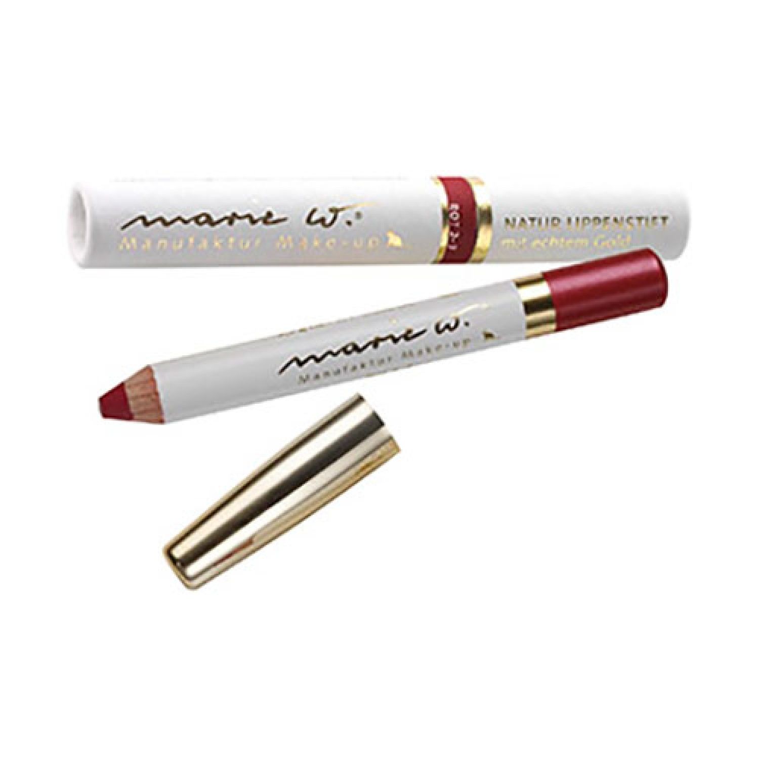 Lippenstift, rot. Weißer Stift mit goldener Kappe. Produktname und Marke sichtbar. Geöffnete und geschlossene Variante.